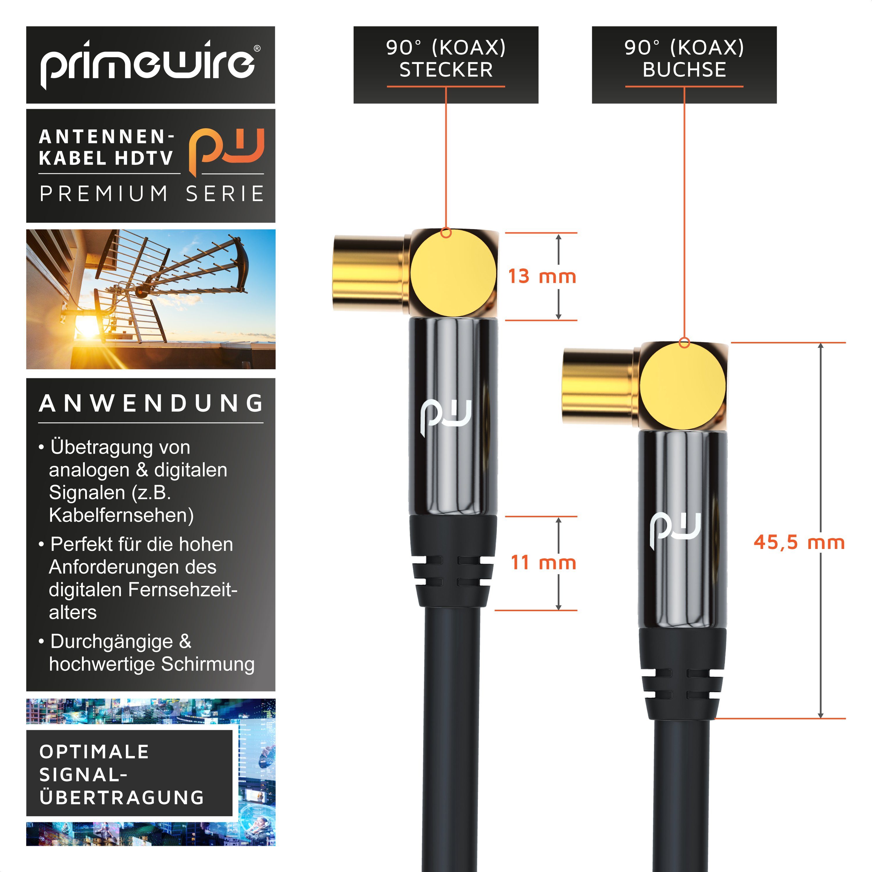 Primewire TV-Kabel, Koax, RF, IEC (2000 cm), HDTV Antennenkabel 90° gewinkelt, 4fach Schirmung, 75Ohm, 120dB - 20m