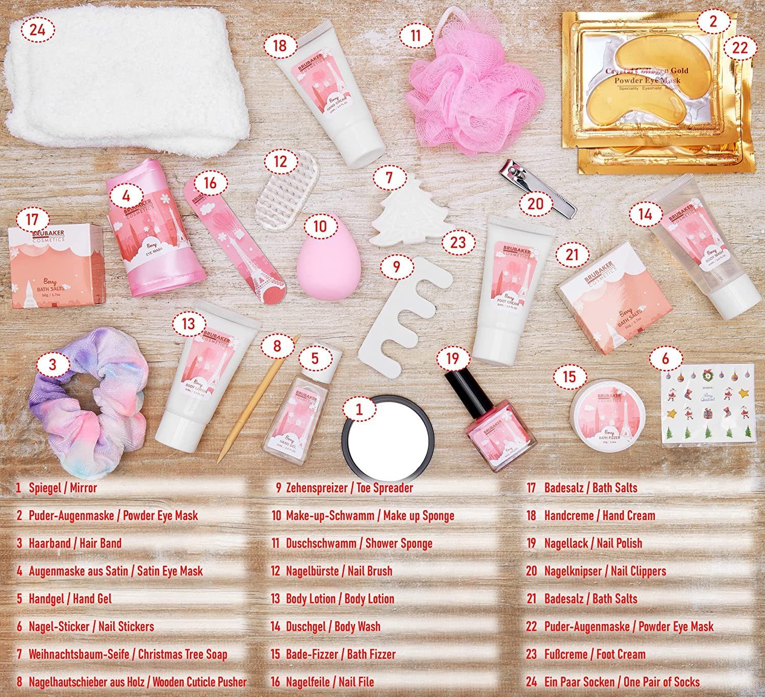BRUBAKER Adventskalender XXL Beauty Weihnachtskalender - Städte Wahrzeichen - Körperpflege (Pflege Produkte & Spa Accessoires, 24-tlg), Wellness Kalender Weihnachten für Frauen und Mädchen - Rosa