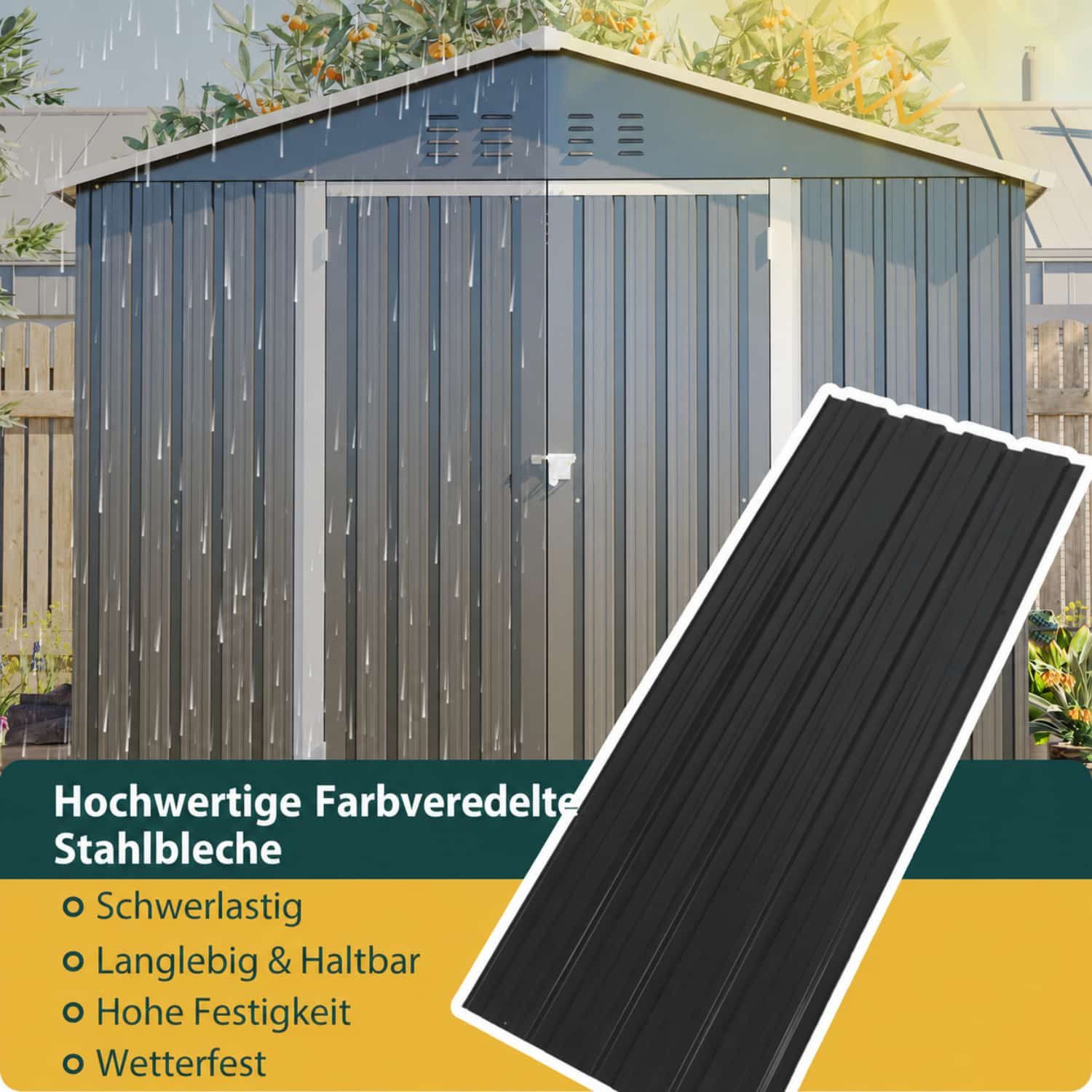 ANYSUN Gartenhaus Metall Gerätehaus mit Fundament, 240 × 192,3 × 191 cm, abschließbar., (1 Gerätehaus inkl. Gratis-Zubehörset mit Vorhängeschloss und Handschuhen), Beschichteter Stahl, wind- und feuchtigkeitsfest, Schiebetür, belüftet