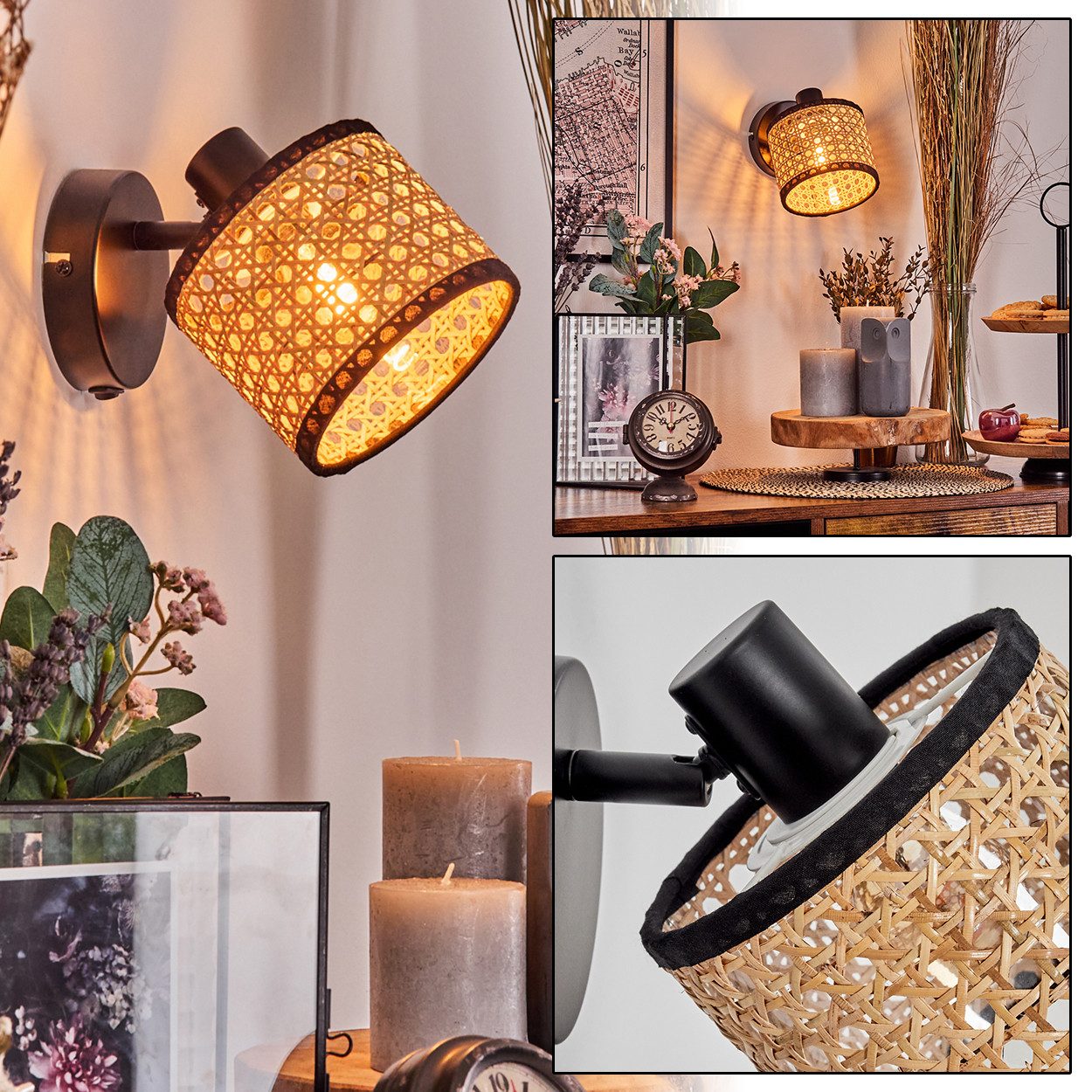 hofstein Deckenleuchte verstellbare Wandlampe, Metall/Rattan/Wiener Geflech günstig online kaufen