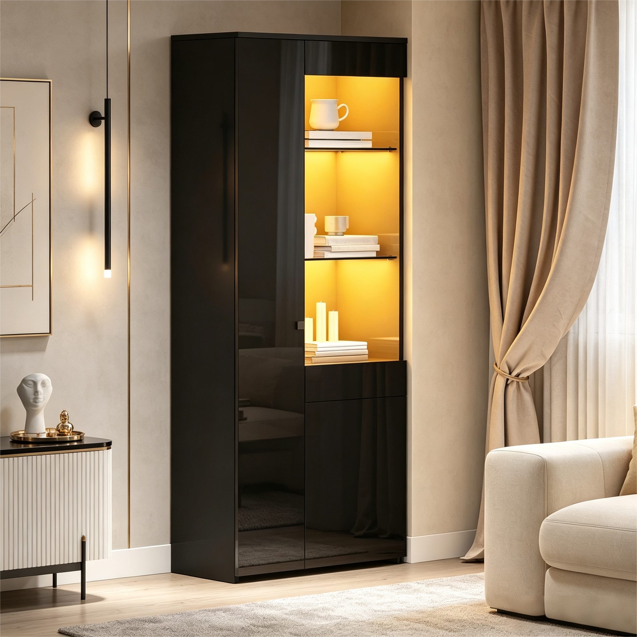 Merax Glasvitrine hochglanz Vitrine mit LED (70*35*180cm, 1-St., Hochschrank Standregal Schrank) Standvitrine Highboard mit Glasfächern, Schublade & Push-to-Open Türen