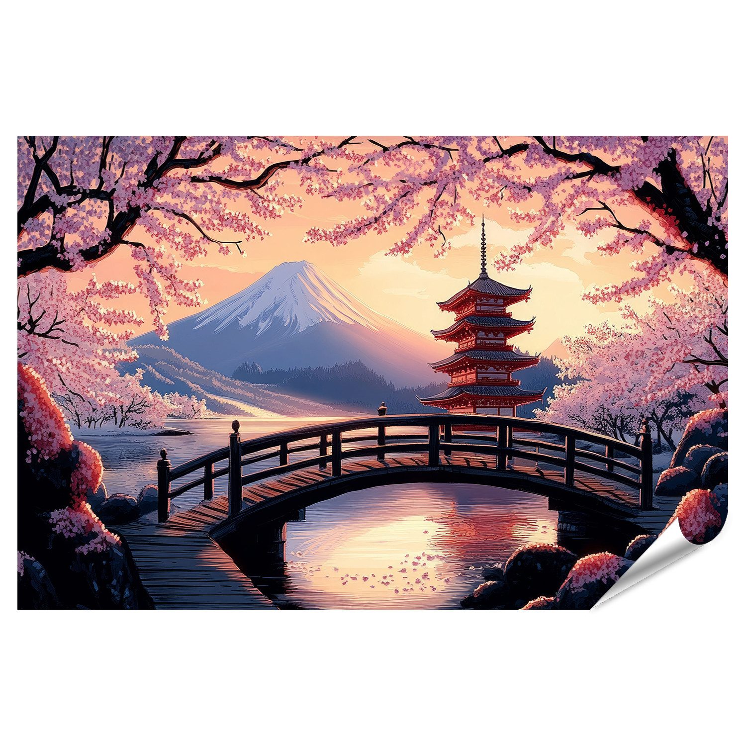islandburner Poster Japanische Landschaft mit Kirschblüten und Pagode Wandbild
