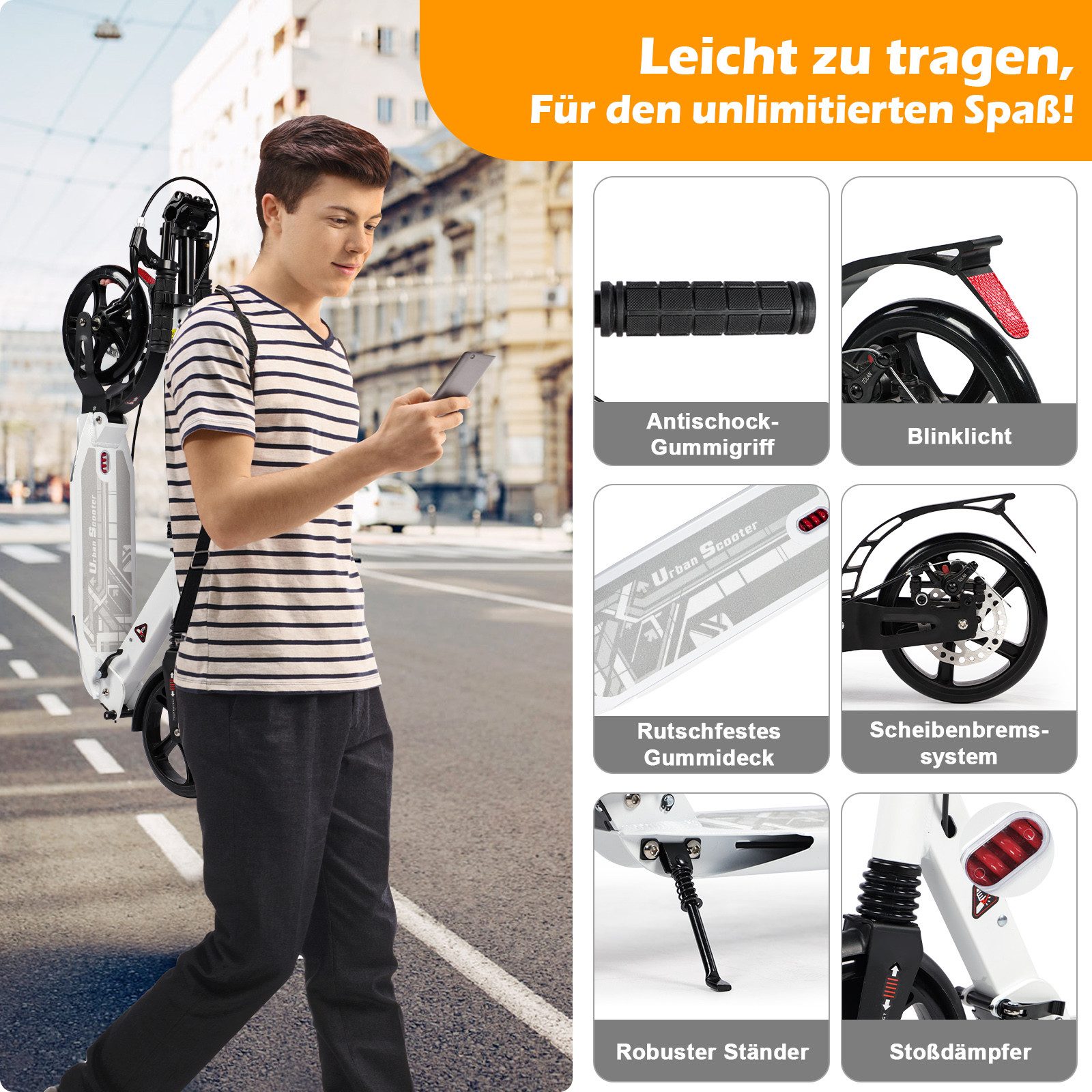 H.yeed Tretroller Kickscooter für Kinder ab 8–12 Jahren, mit Scheibenbremsen, Cityroller für Erwachsene mit Stoßdämpfung – Bild 4 von 5