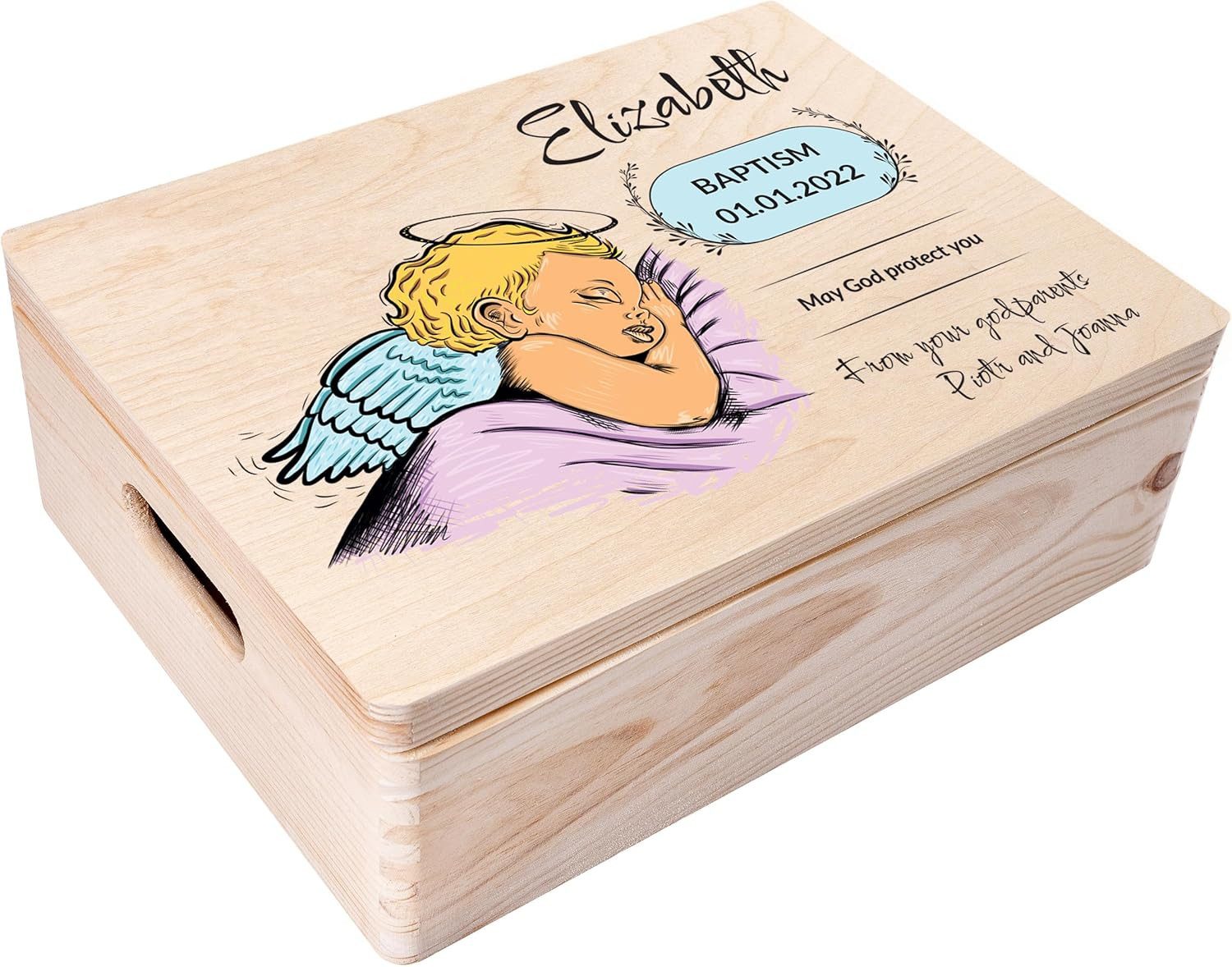 Creative Deco Holzkiste Taufe Geschenk für Mädchen Junge, Natur 40 x 30 x 14 cm