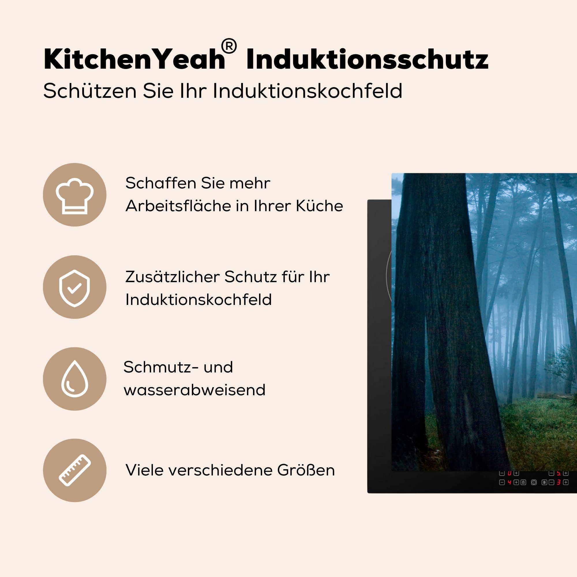 81x52 für Ceranfeldabdeckung Wald, Vinyl, (1 tlg), Herdblende-/Abdeckplatte Schutz Bäumen MuchoWow die einem Induktionskochfeld Nebel zwischen cm, küche, in