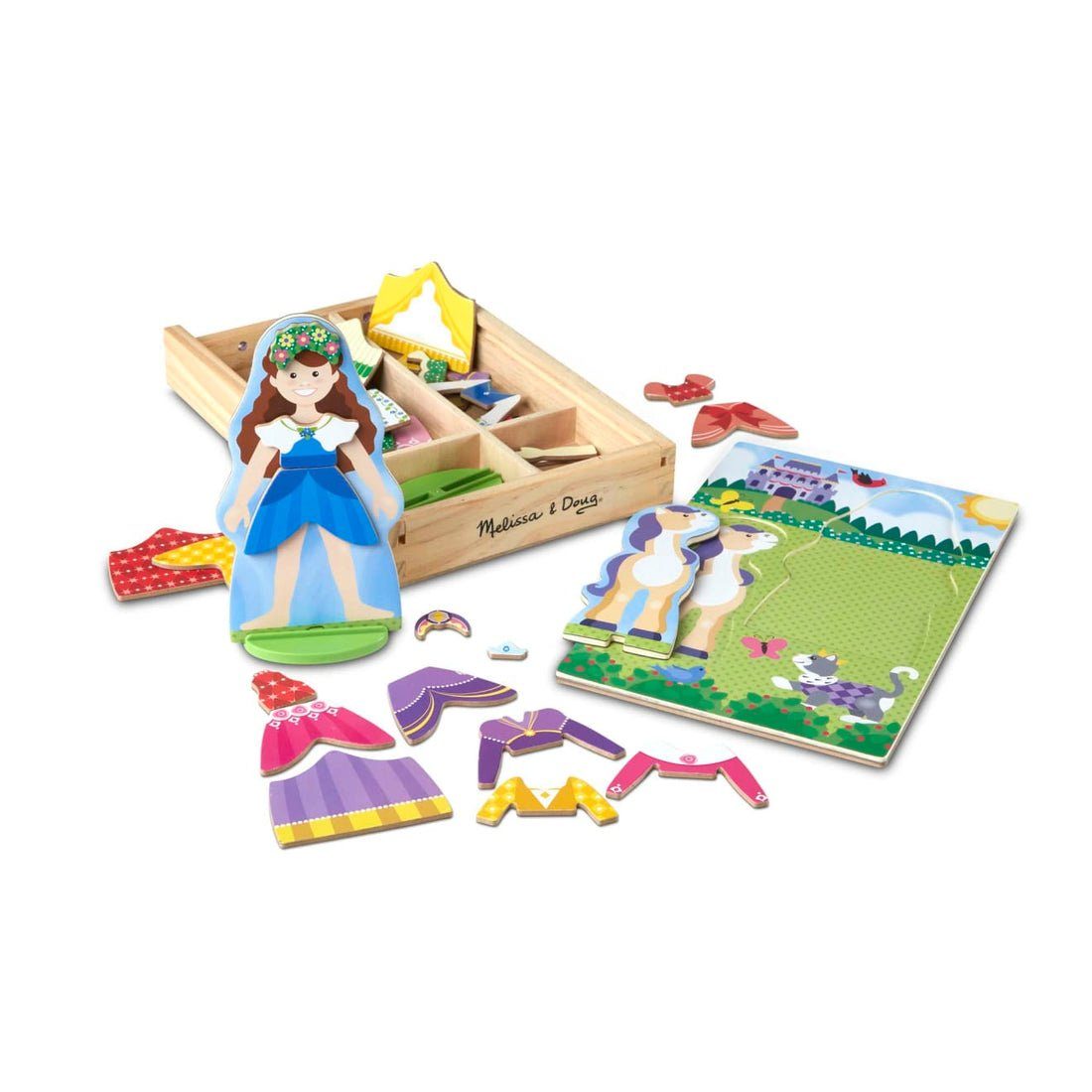 Melissa & Doug Anziehpuppe Magnetisch Puppe zum Anziehen Prinzessin (Set, 37-tlg., unterwegs), Holz