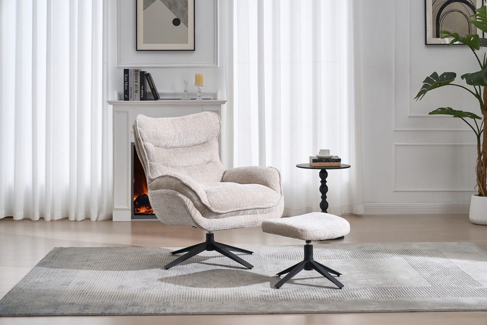 riess-ambiente Fußhocker CLOUD champagner beige / schwarz - Strukturstoff, Metall, drehbar (Einzelartikel, 1 St), Fußhocker im Retro Design - ideal für Skandi Wohn- und Arbeitsbereiche