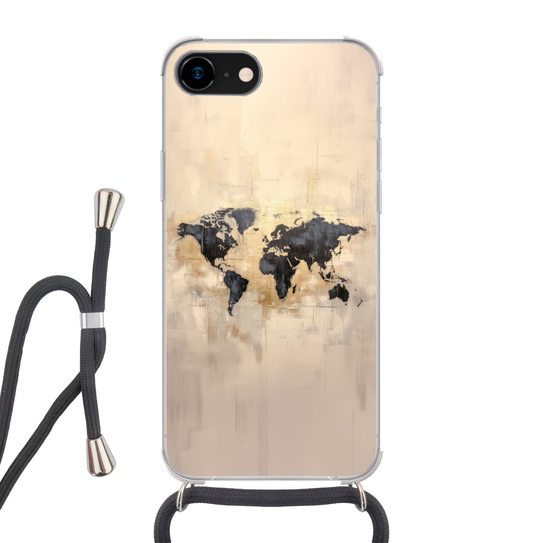 MuchoWow Handyhülle für Apple iPhone 8 Weltkarte - Gold - Schwarz - Abstrakt, Tragbare Handyhüllen mit Kette zum umhängen, Handykette Handyband