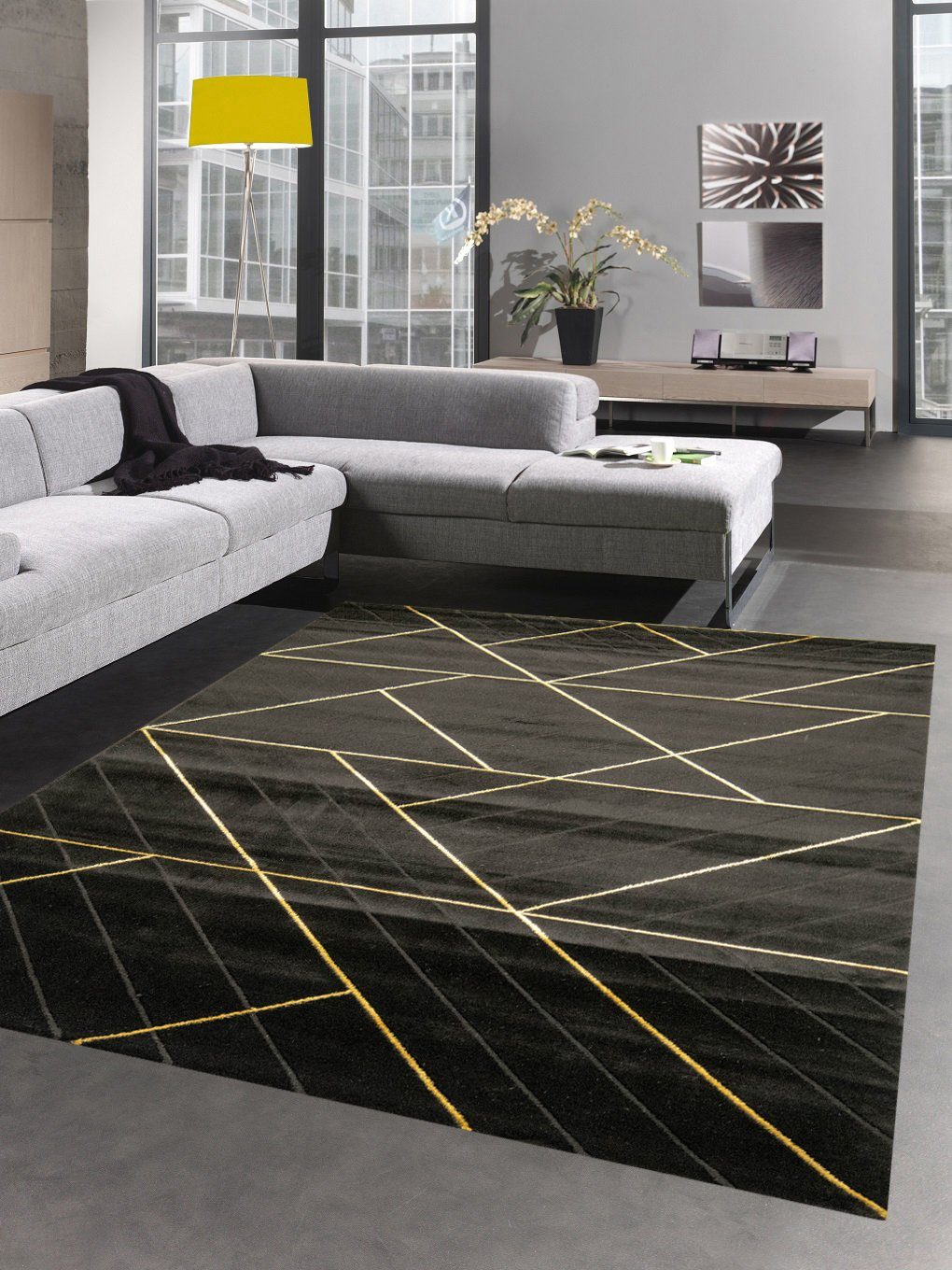 Carpetia Teppich Teppich Wohnzimmer moderner Teppich geometrisches Muster schwarz gold, rechteckig, Höhe: 12 mm