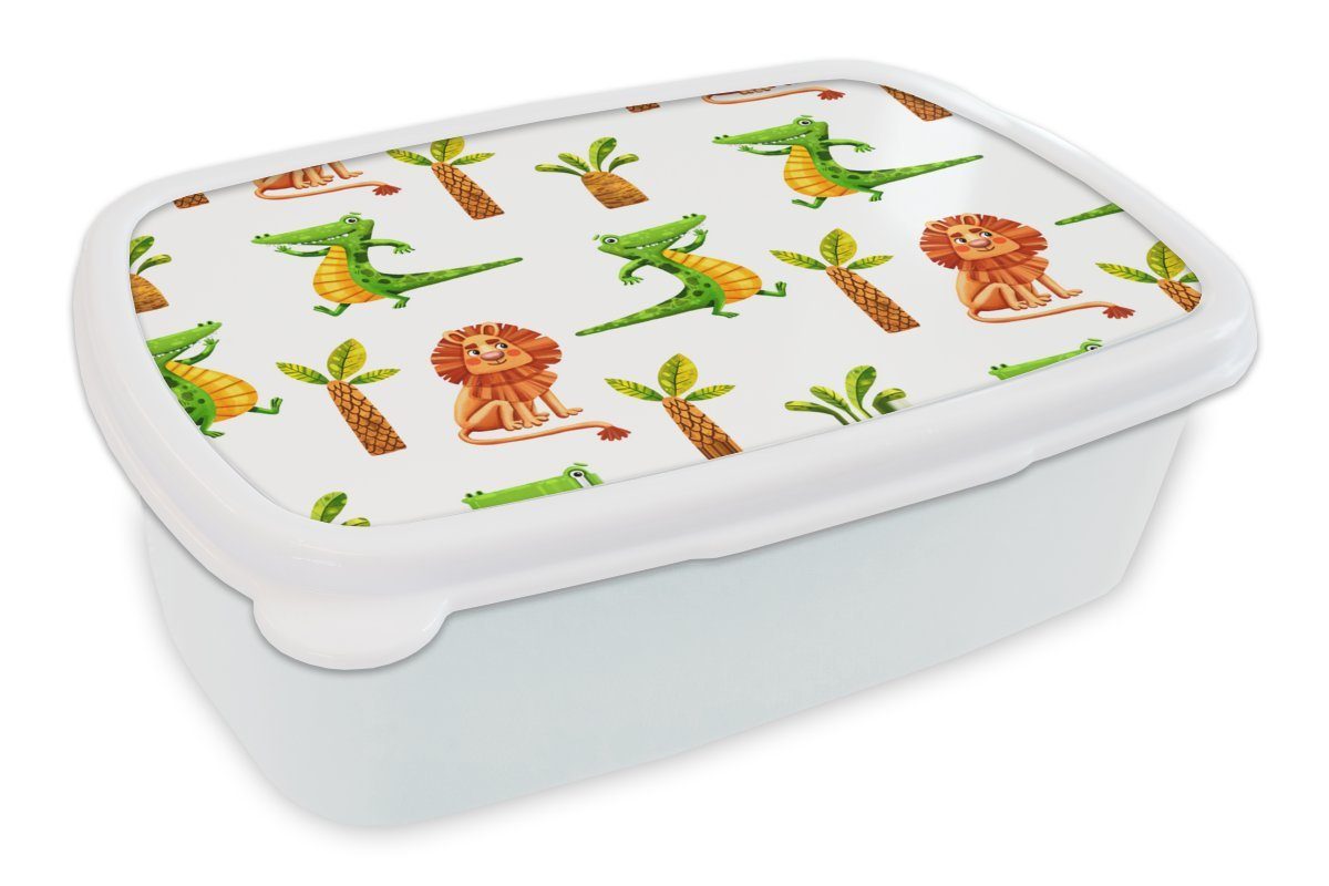 MuchoWow Lunchbox Dschungel - Löwe - Krokodil, Kunststoff, (2-tlg), Brotbox für Kinder und Erwachsene, Brotdose, für Jungs und Mädchen weiß