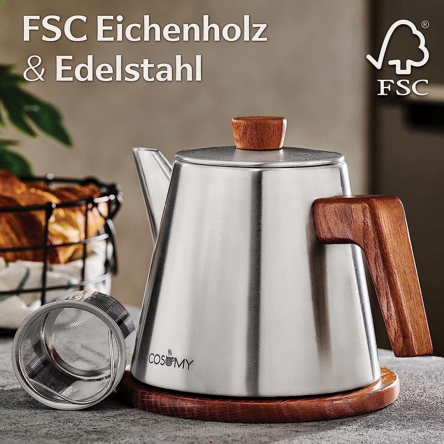 Cosumy Teekanne mit Siebeinsatz und Untersetzer - Edelstahl & FSC Holz - Induktion, 1,2 l, (Set, 1-St., Teekanne mit Siebeinsatz und Untersetzer), Kanne mit Sieb für Tee - Induktion - Tropffrei - Hält lange warm