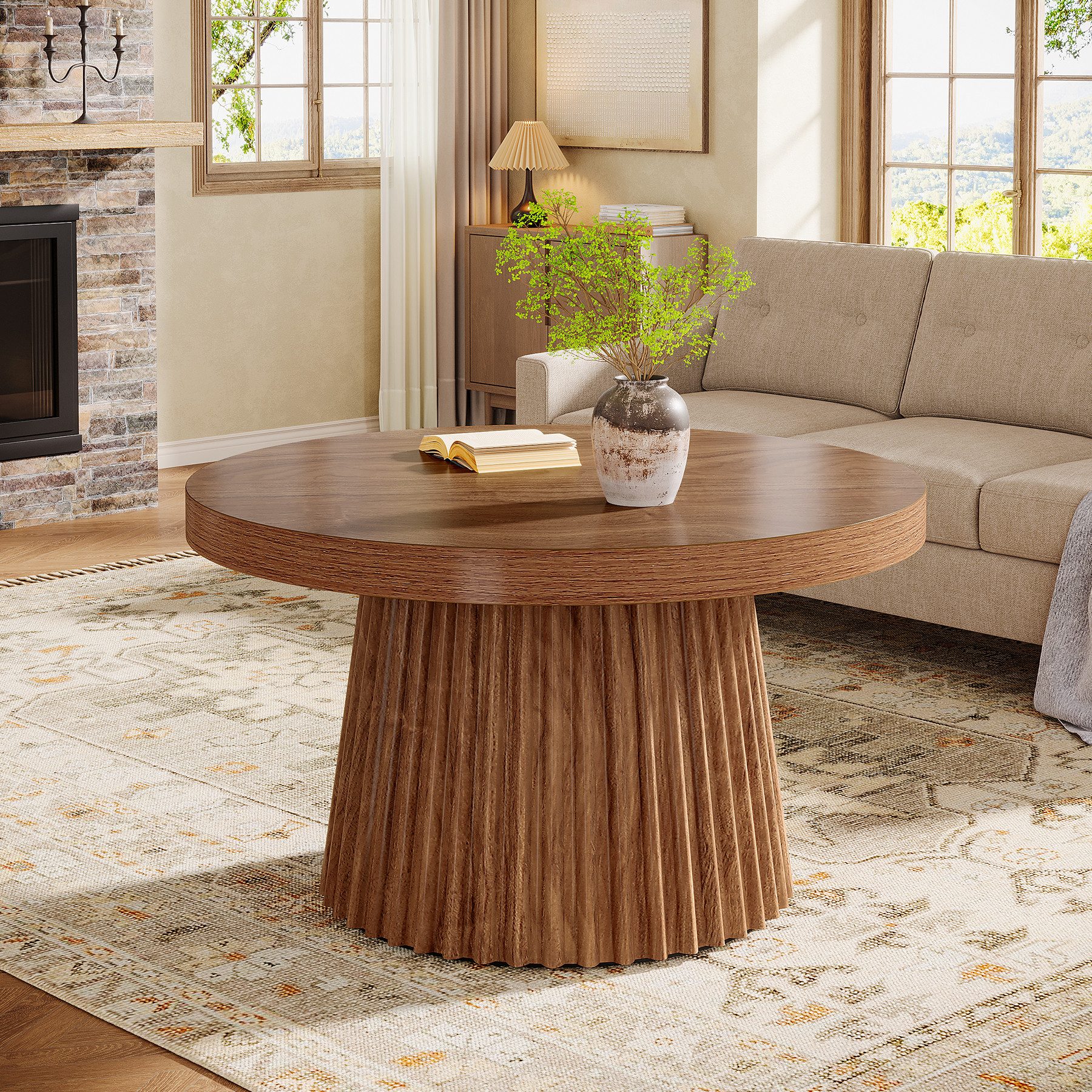 Tribesigns Couchtisch 80 cm Runder Wohnzimmertisch mit Trommel Basis und Holzoptik – Braun