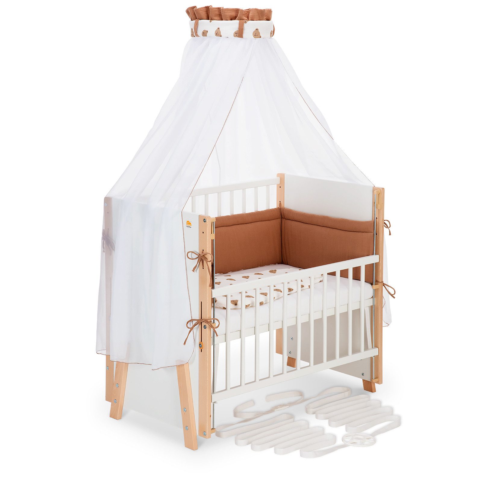 FabiMax Beistellbett Boxspring Vario Weiß / Natur, Stufenlose Höhenverstellung von 52 bis 83 cm, mit 2 in 1 Seitengitter