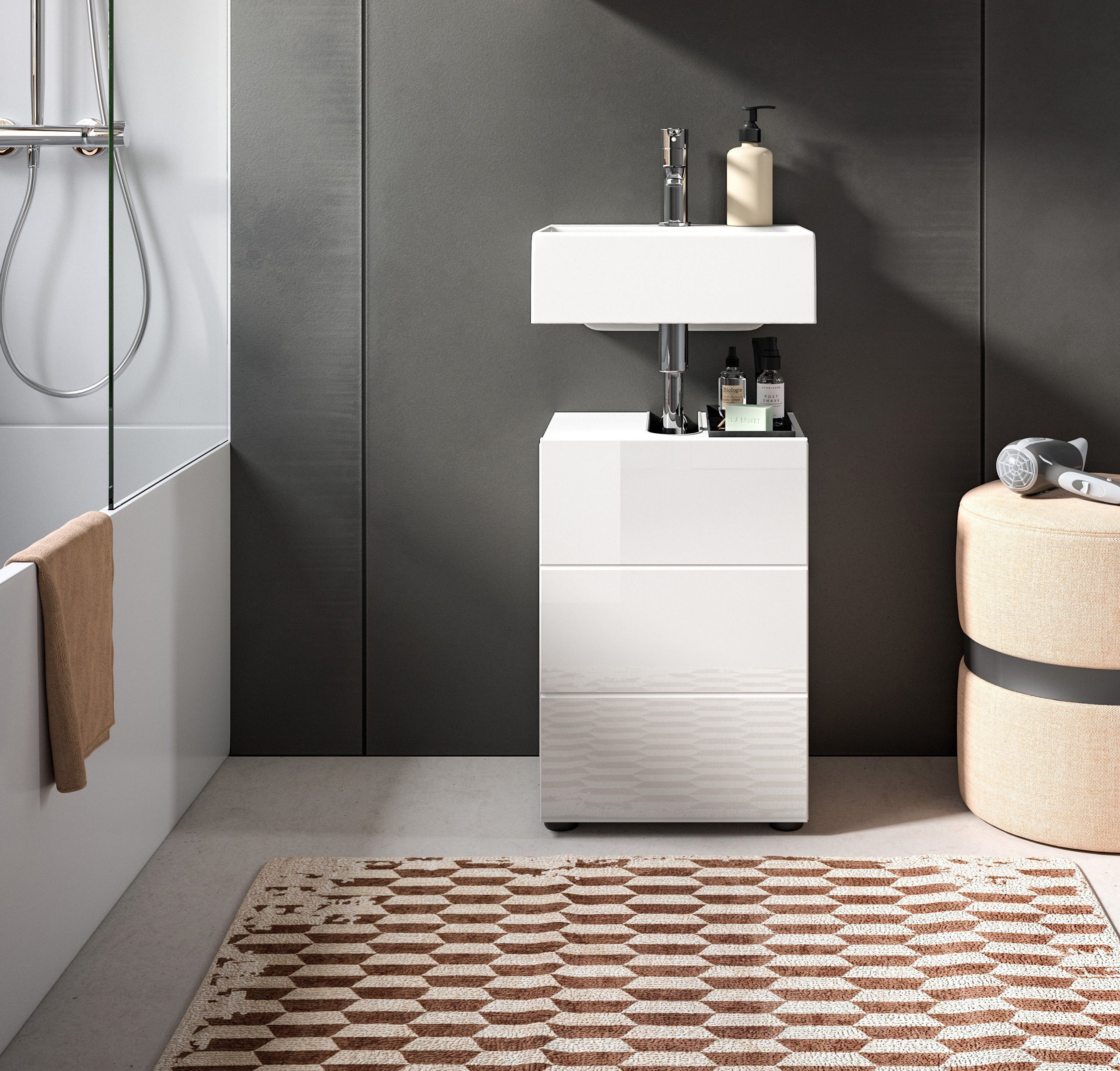 Newroom Waschbeckenunterschrank Valea Waschbeckenunterschrank Weiß Hochglanz Waschtischunterschrank Badu...