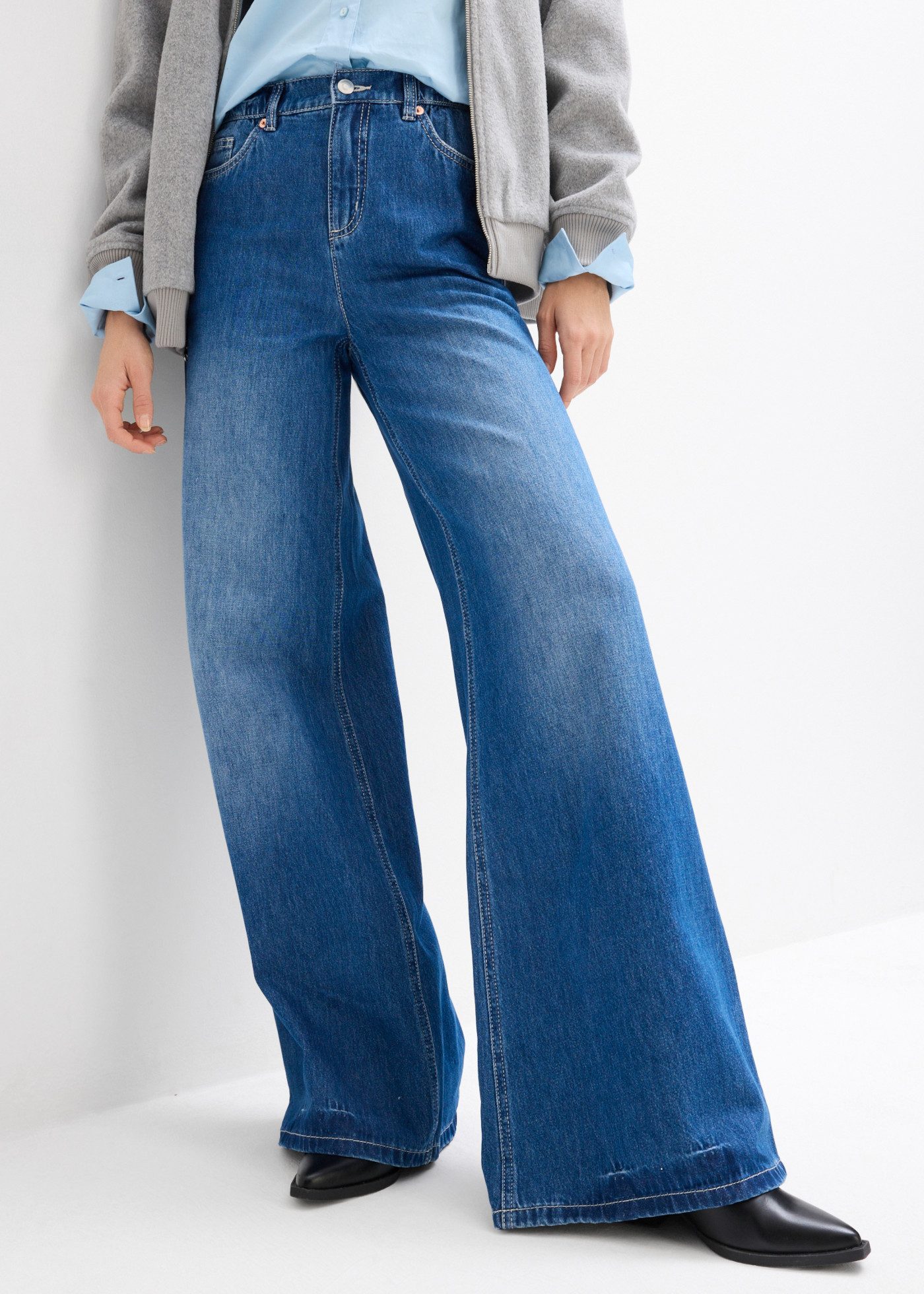 bonprix Weite Jeans weite Passform, 5-Pocket-Design, elastischer Bequembund, hohe Bundhöhe
