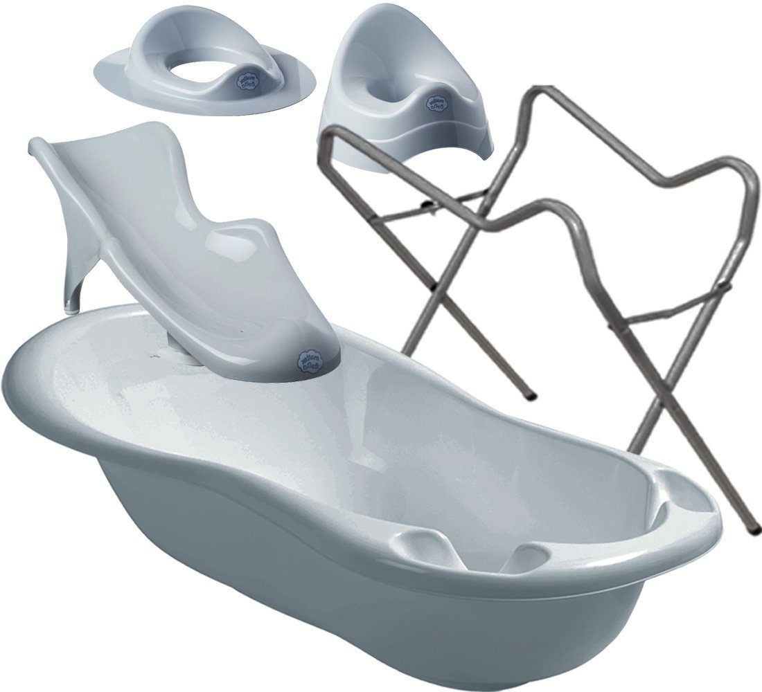 Baby 4 Classic - WC SET SITZ (Made + Wanne TOPF Grau Badeset + + Ständer Babybadewanne cm, Grau 84 in Teile **WANNE Europa), GESTELL** + Maltex AUFSATZ +