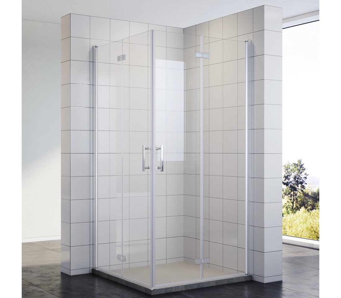 Thumbnail - SONNI Eckdusche Duschkabine Eckeinstieg Bad Eckdusche Pendeltür Falttür 195cm, BxT: 80x80 cm, Nano Glas Drehfalttür 180º...