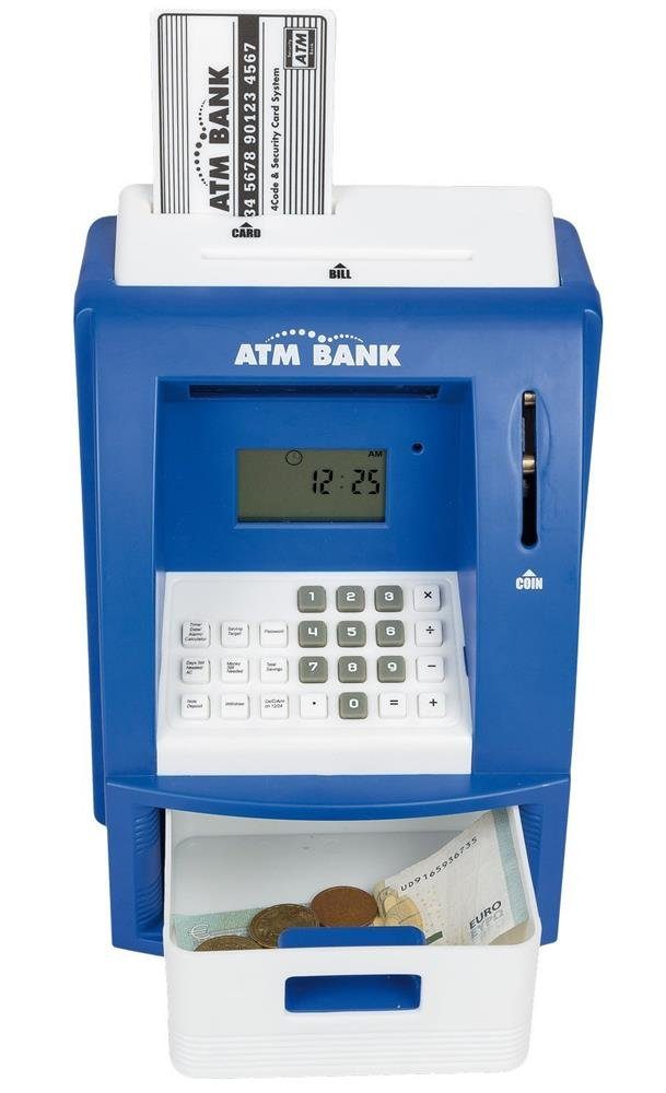 Idena Spardose 50020 Geldautomat mit Sound, 21,8 x 16 x 14,5 cm, mit Alarmfunktion und Kalkulatorfunktion, Münzzähler, Sparschwein, Zählwerk, Sparbüchse, Blau