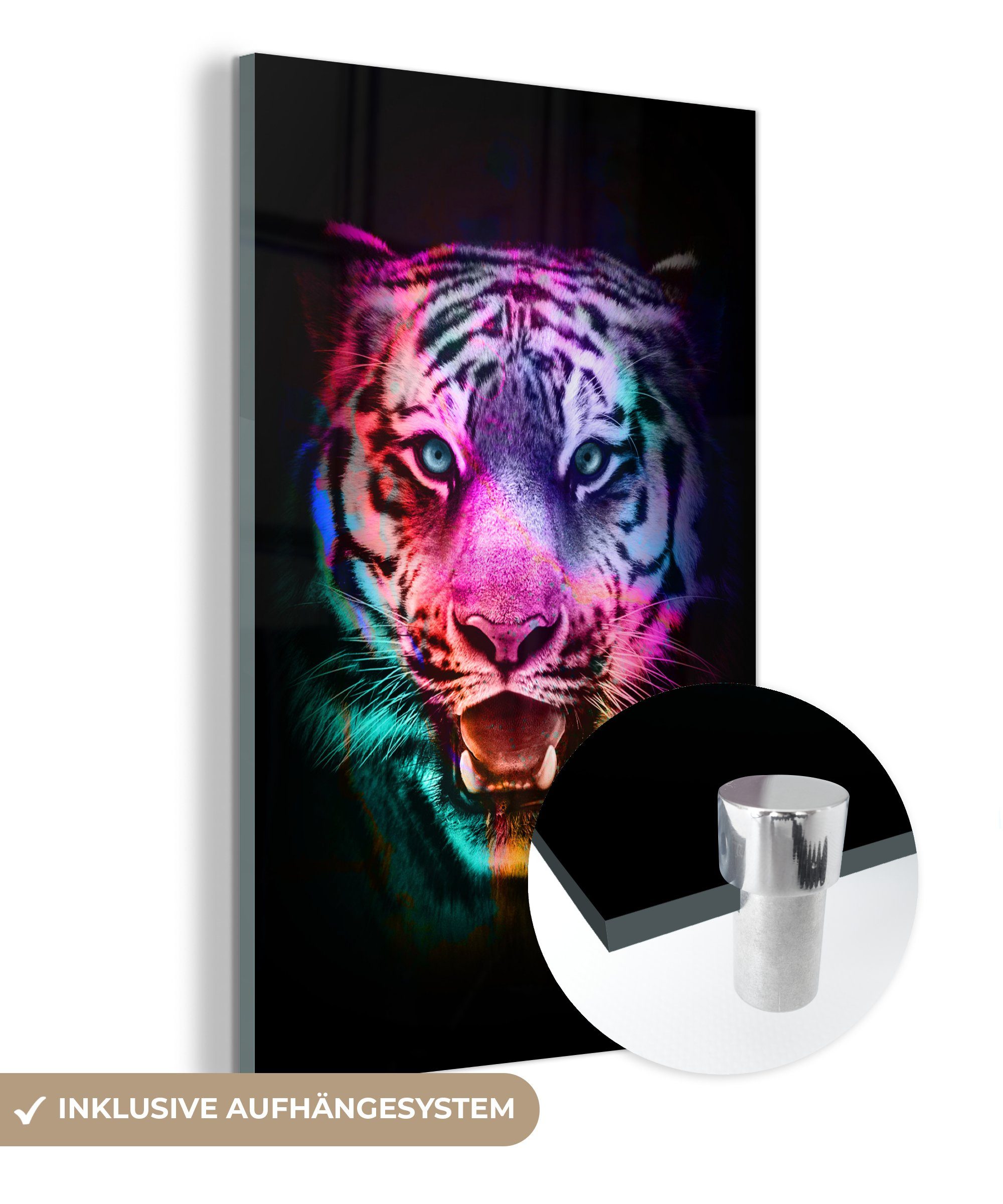 MuchoWow Acrylglasbild Farben - Tiger - Wild, (1 St), Glasbilder - Bilder auf Glas Wandbild - Foto auf Glas - Wanddekoration bunt