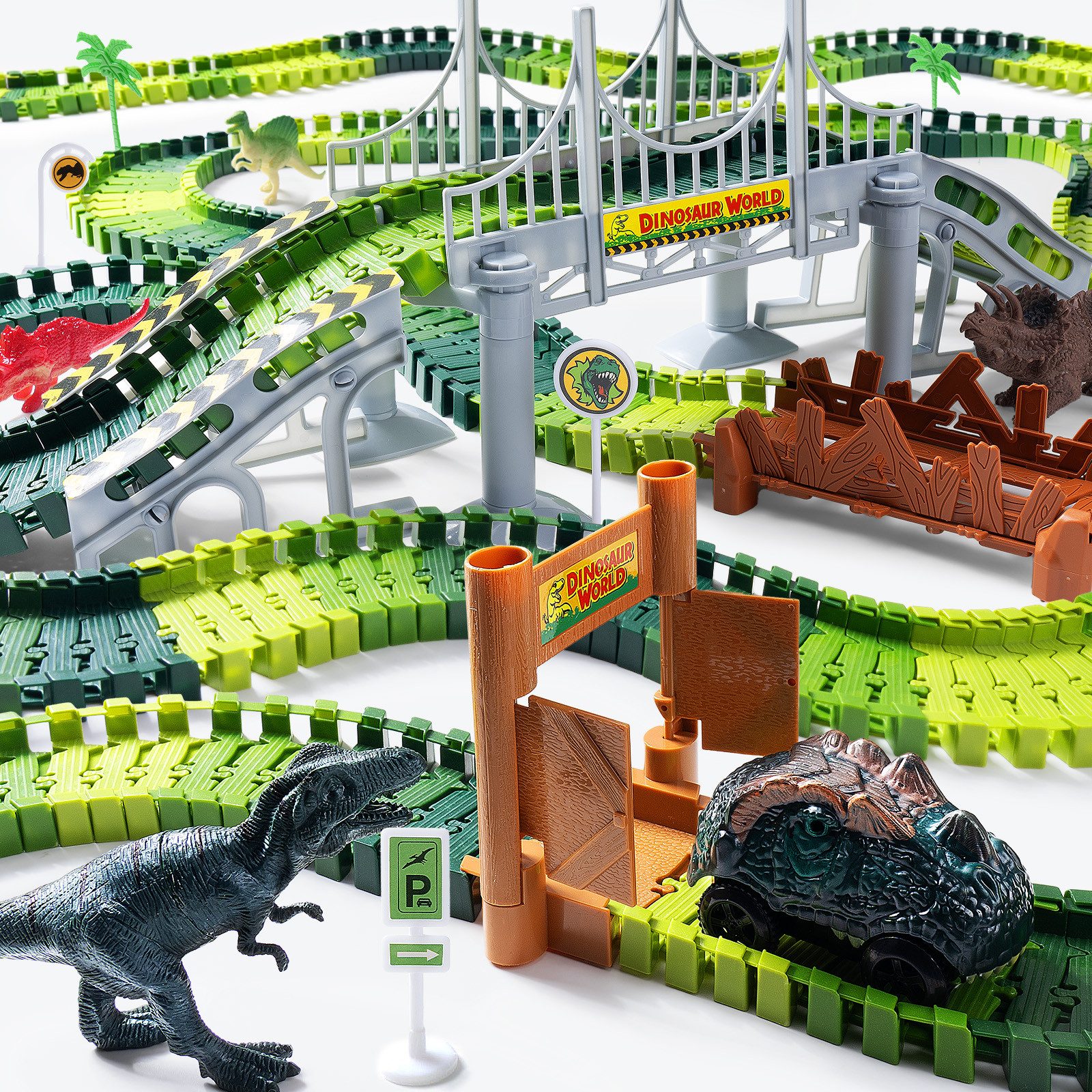 Coroiesty Autorennbahn Dinosaurier Rennbahn Set, Flexible Rennstrecke – Geschenk für Kinder, (Set), Flexible Schienen, leuchtende Dino-Fahrzeuge