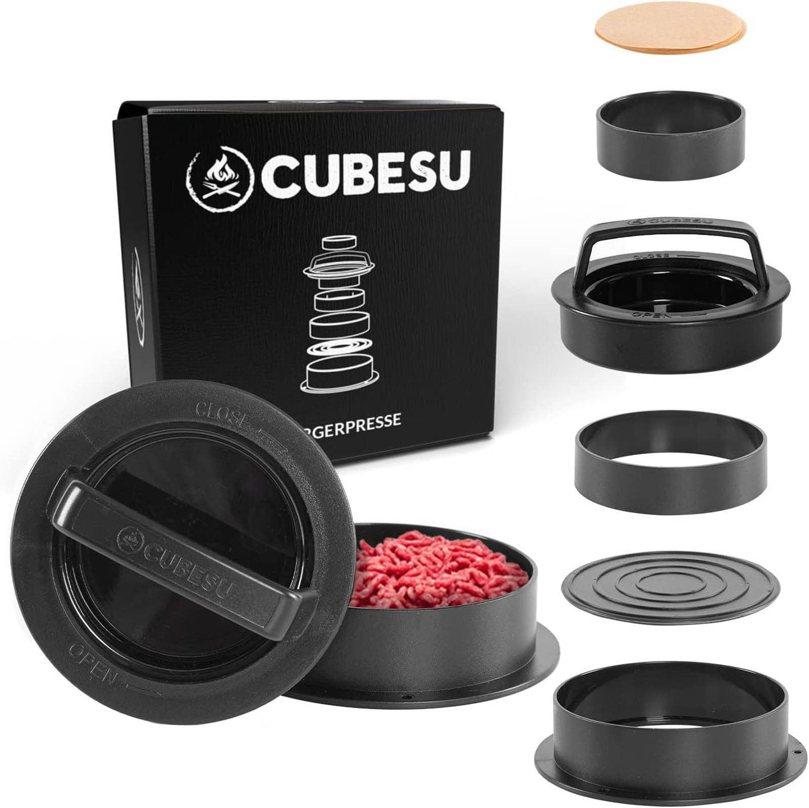 Cubesu Burgerpresse Hamburgerpresse Burger Pattie Presse (1 St), Kunststoff, 3 Größen inkl. 75 Blatt Backpapier auch für gefüllte Patties
