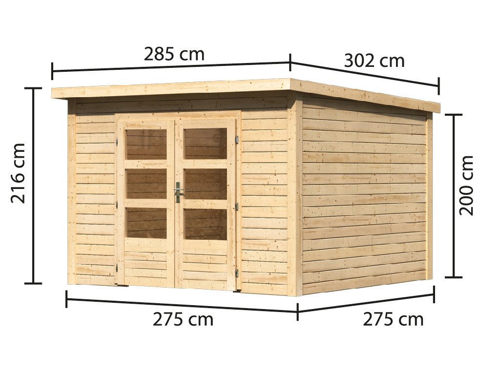 Karibu Gartenhaus Gartenhaus Wacken 6 28 mm natur, BxT: 285x302 cm, 28 mm Wandstärke, Einzeltür mit Kunstglas-Einsätzen
