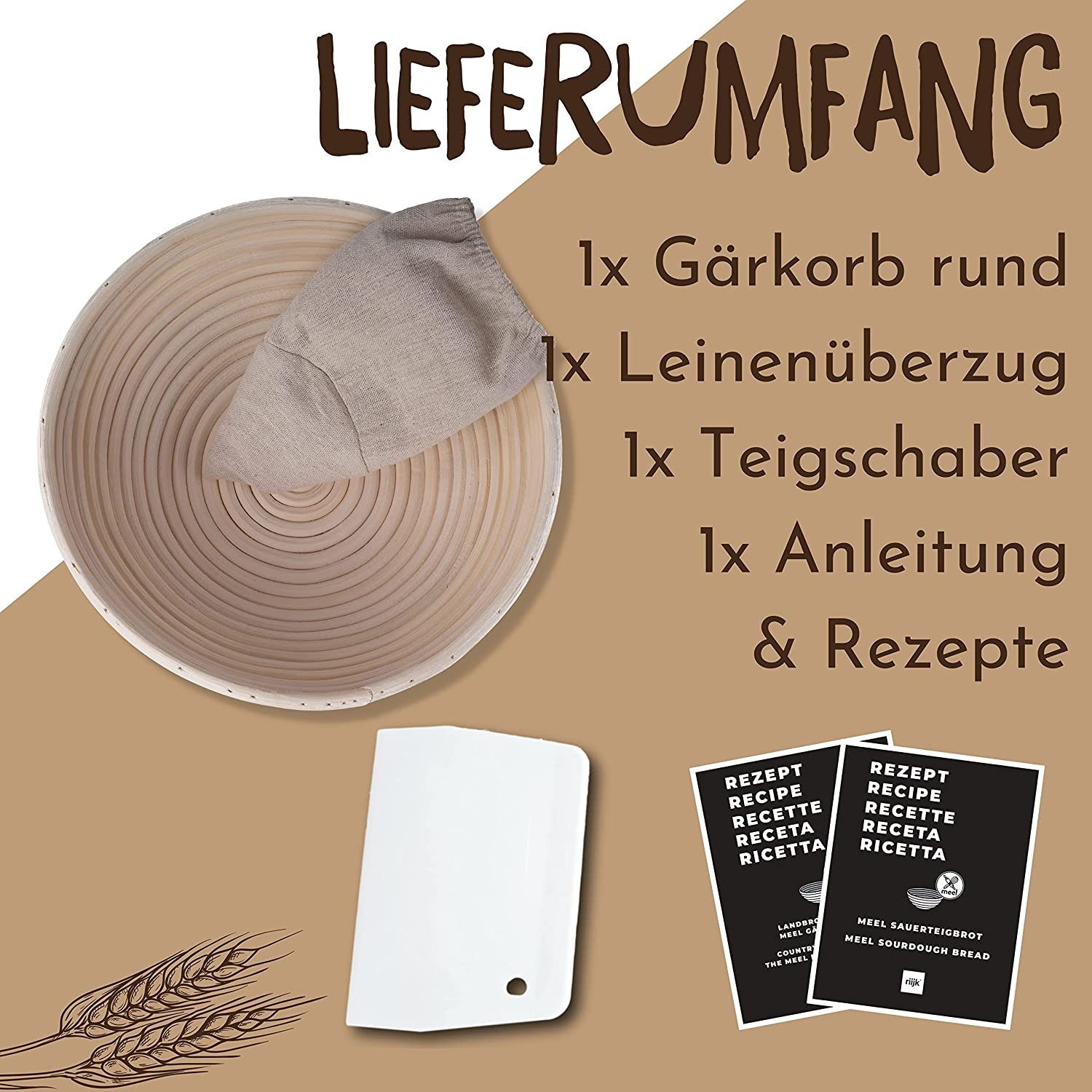 riijk Gärkorb Gärkörbchen inkl. gratis Teigschaber, (Peddigrohr Korb mit waschbarem Leineneinsatz), Brotkorb oder zum gären von Brot