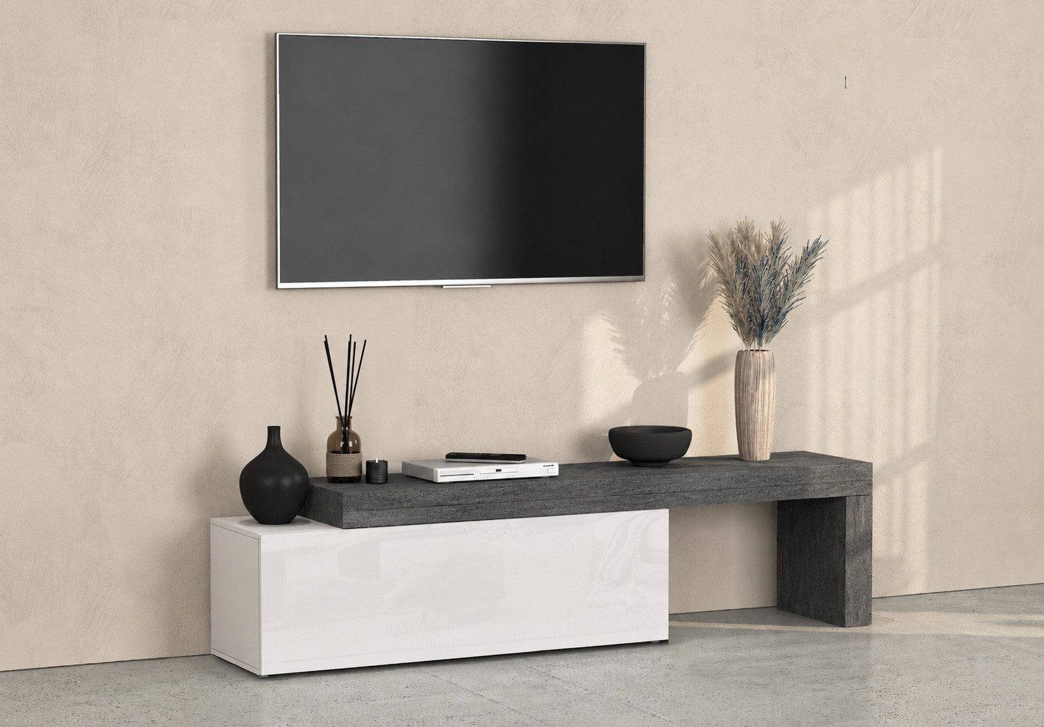 OTTO home Lowboard Lowboard Chronos TV-Board, TV-Schrank (Spar-Set, 1 St., Breite verstellbar von 180 bis 290 cm), 1 St., TV-Lowboard 240 cm, 1 Klappe, L-Aufsatz, Breite 180-290 cm