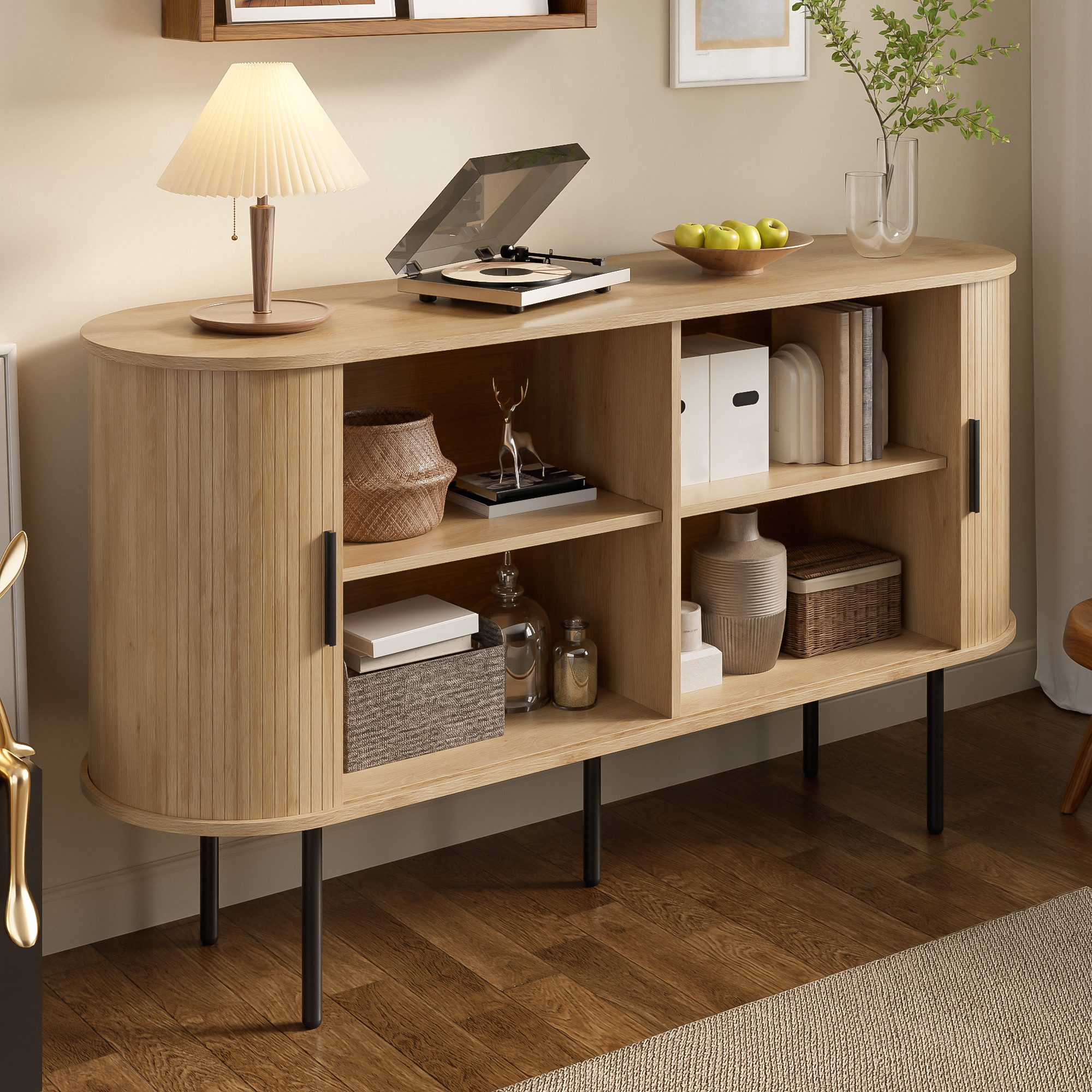 REDOM Sideboard Anrichte Esszimmerschrank (Kommode, Buffetschrank, 1 St., Aluminiumgriffen, Eisenbeinen), mit innovativer Rolltür, großem Stauraum und stabilen Eisenbeinen
