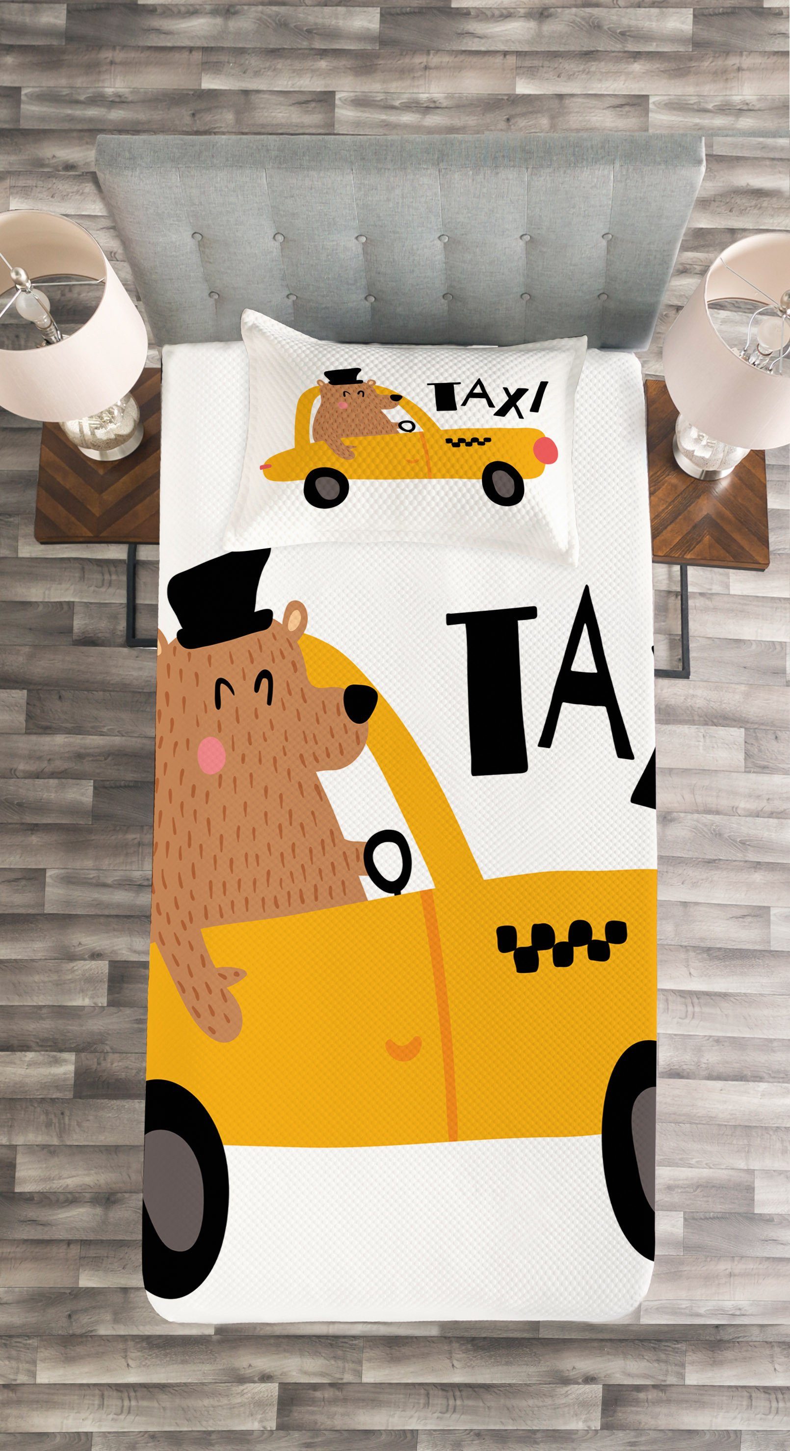 Bär Cab Kissenbezügen Abakuhaus, Waschbar, mit Fahren New Taxi Set Tagesdecke eines York