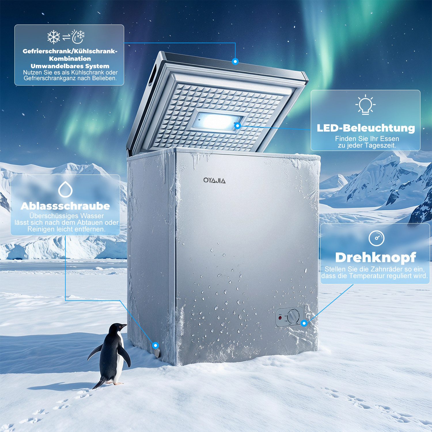 oyajia Gefriertruhe Tiefkühltruhe klein, 4-Sterne Gefrieren, Super-Frost-Funktion, Kühltruhe inkl. Ablagekorb BD/BC-71, 71 l, elektronische Temperaturregelung, leise