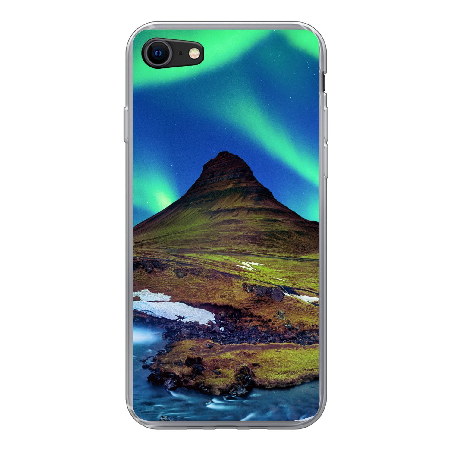 MuchoWow Handyhülle für Apple iPhone 8 Nordlicht - Sternenhimmel - Island - Berg - Grün -, Smartphone-Bumper, Print, Handy Schutzhülle Dünn