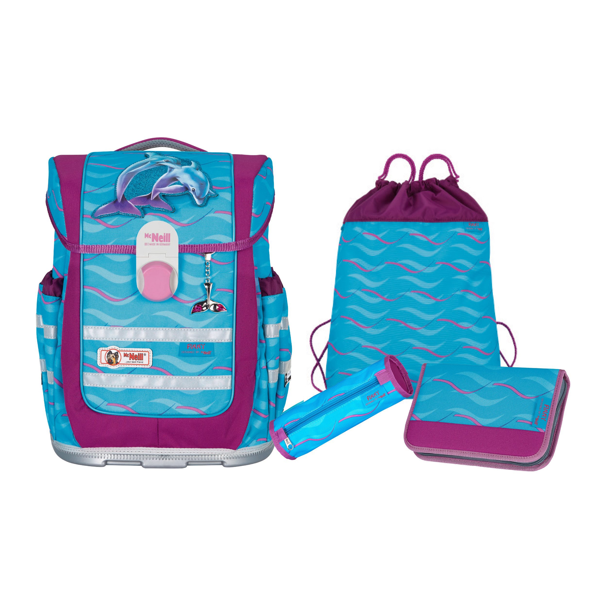 McNeill Ранцы Ergo Complete "Finny" mit Motivmagnet Delfin (Set, 5-tlg., inkl. Federmäppchen, Turnbeutel, Schlamper und Motivmagnet), ergonomisch; 20L Volumen; wächst mit dem Kind mit