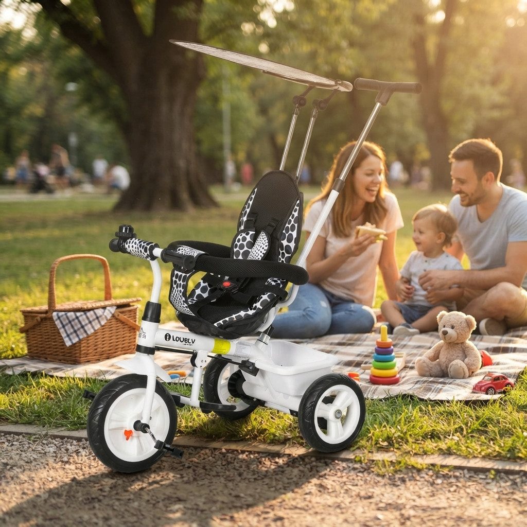 kowdom Dreirad-Kinderwagen 6-in-1 Dreirad mit Schubstange ab 1 Jahr – Kinderdreirad, Weiß, 6-in-1, Schiebestange, Sonnendach, Ablagekorb, 5-Punkt-Gurt