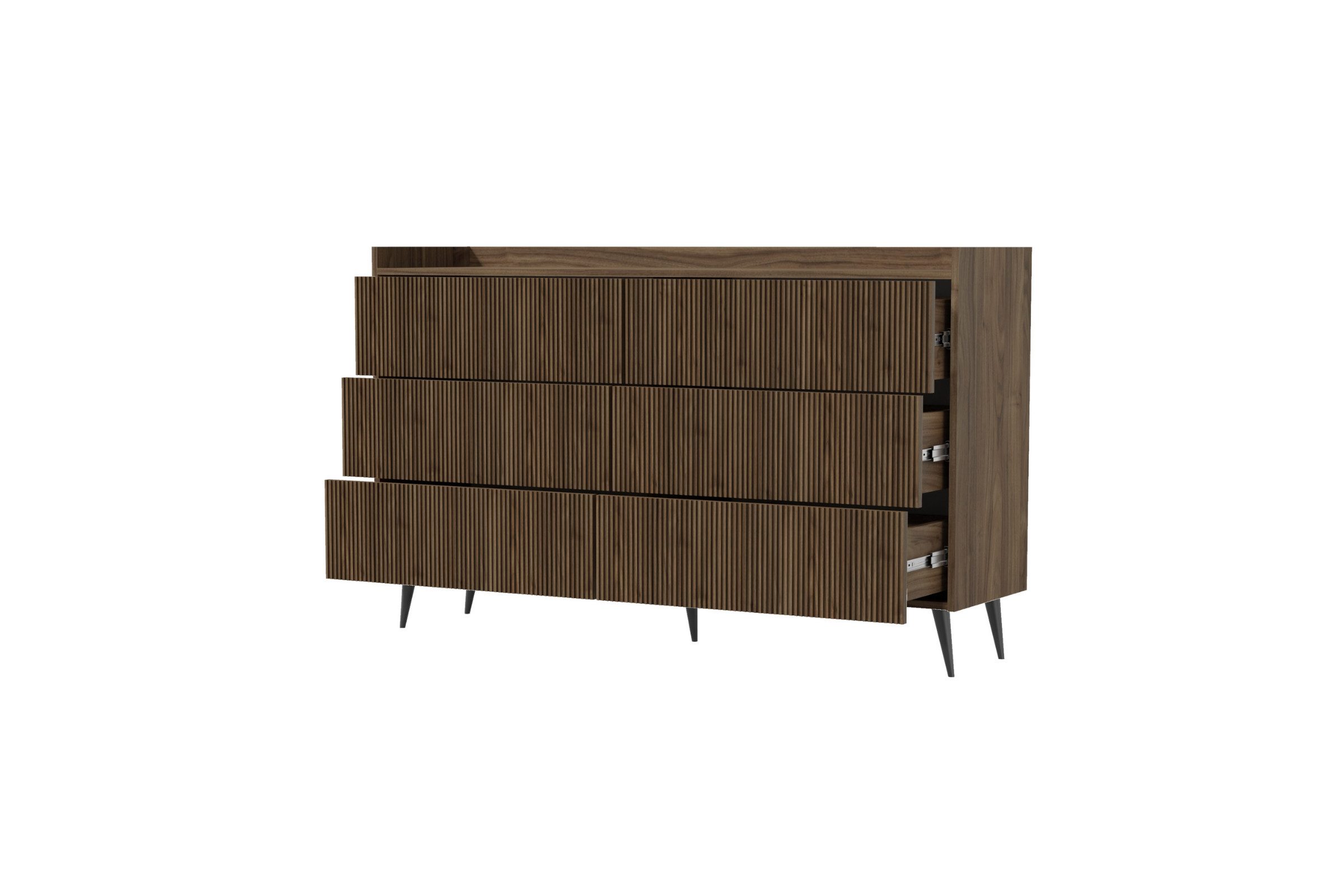 Deine Möbel 24 Sideboard DALIA 03 Kommode 150 cm breit mit 6 geräumigen Schubalden (DALIA-Kollektion, 1 St., ideal für Wohnzimmer, Schlafzimmer, Esszimmer & Flur), geriffelte Fronten, Farbe Kashmir oder Walnuss, hohe Metallfüßen