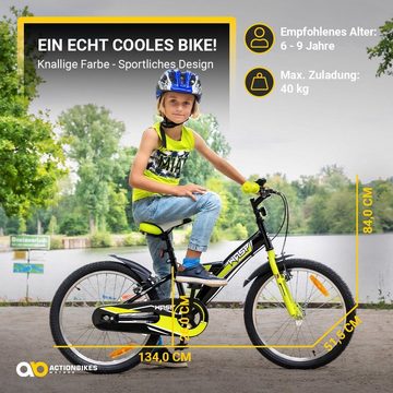 Actionbikes Motors Kinderfahrrad Kinder Fahrrad Wasp, 1 Gang, ohne Schaltung, (20 Zoll, ab 115 cm Körpergröße, max. Zuladung 40 kg, Klingel, Katzenaugen, Reflektoren, Antirutschgriffe, Fahrradständer, Kettenschutz, 1-tlg., V-Brake-Bremsen, Luftbereifung, Schutzbleche, schwarz / blau), höhenverstellbares Bike Jungen Mädchen Rad Kinderrad ab 6 Jahre