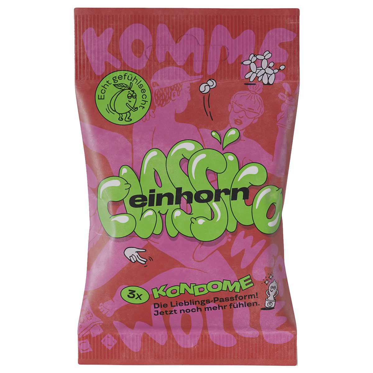 einhorn Kondome CLASSICO (54mm Breite + Comfort-Form) Packung mit, 3 St., Fairstainability Kondome - kreativ, umweltbewusst & fair gehandelt, vegane Kondome in der Chipstüte