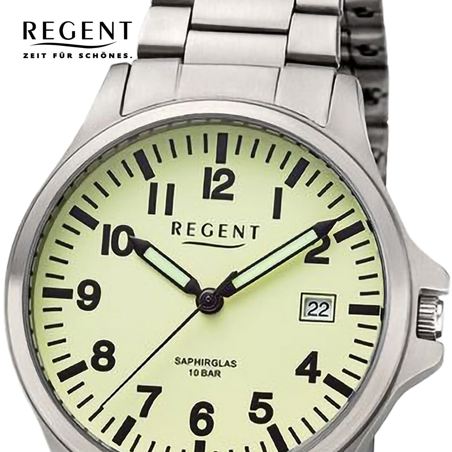 Armbanduhr Regent Quarzuhr Metallarmband Analog, Herren groß extra Herren 36mm), (ca. rund, Armbanduhr Regent