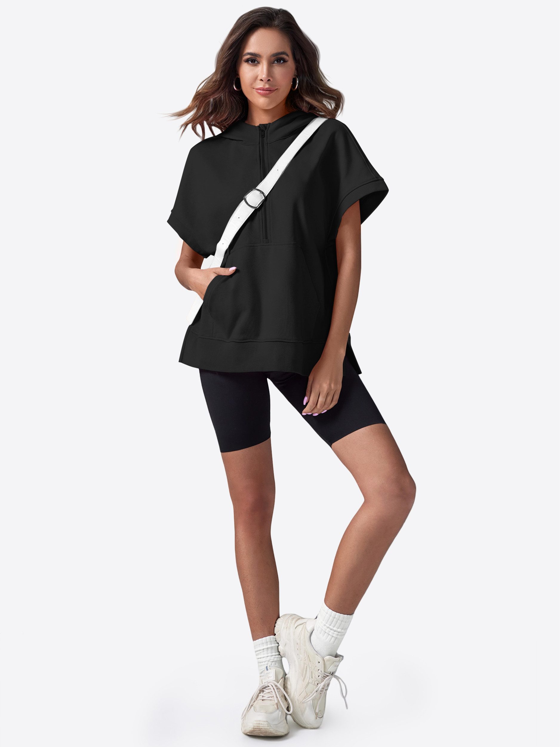 Imily Bela Sweatshirt Damen Kurzarm-Freizeitpullover (Packung, 1-tlg., 1per-Pack) mit Kängurutasche