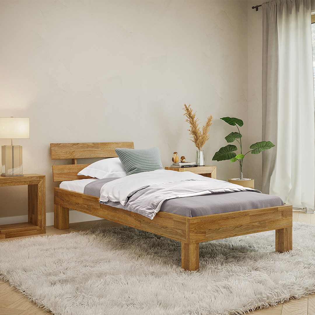 skølm Massivholzbett Floki aus Eiche mit Bettkopf, natur geölt, Einzelbett verfügbar in 90/100 x 200 cm