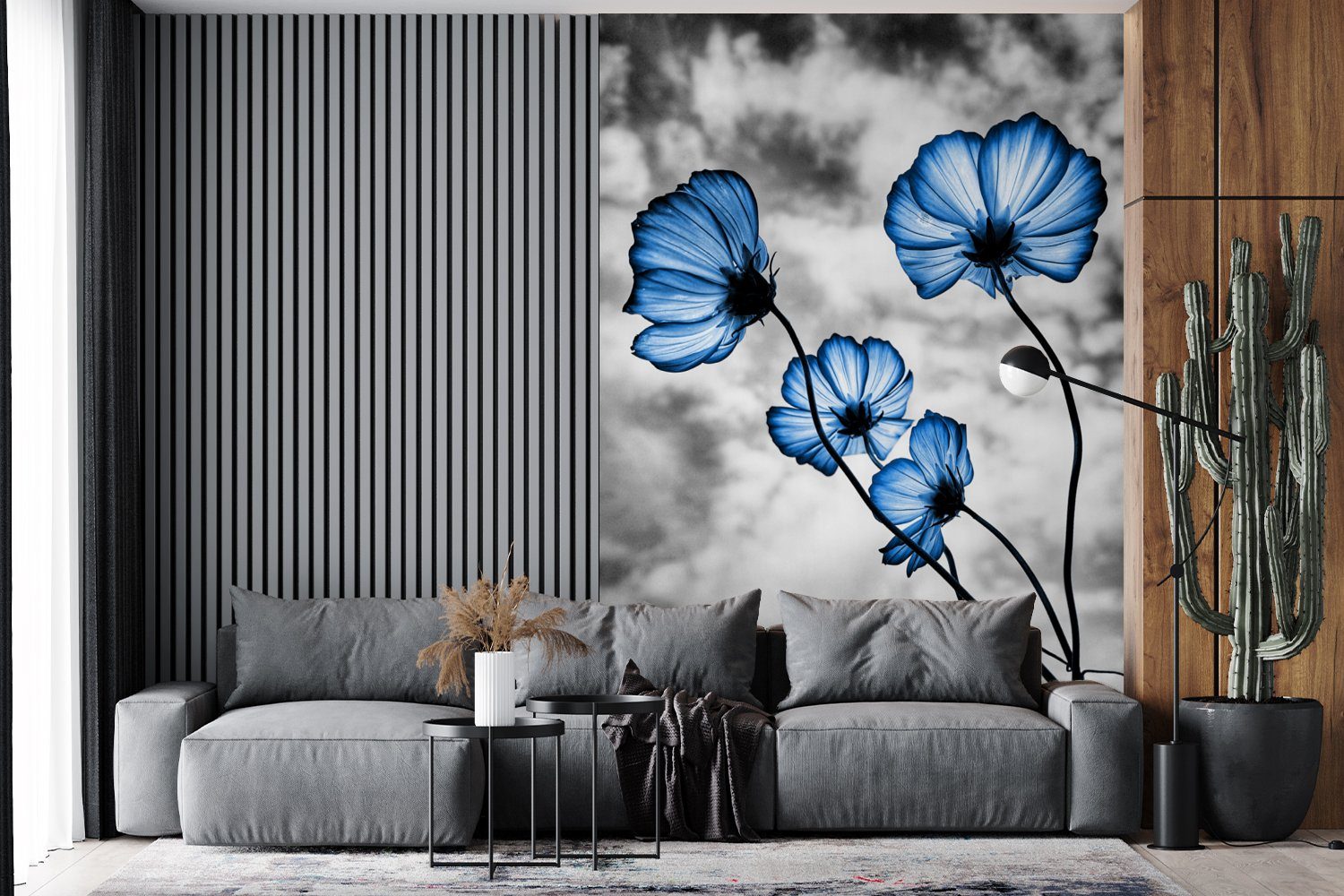 für bedruckt, Fototapete Tapete - Wohnzimmer, St), Weiß, MuchoWow - - (3 Montagefertig Schwarz Matt, Blau Wandtapete Vinyl Blumen