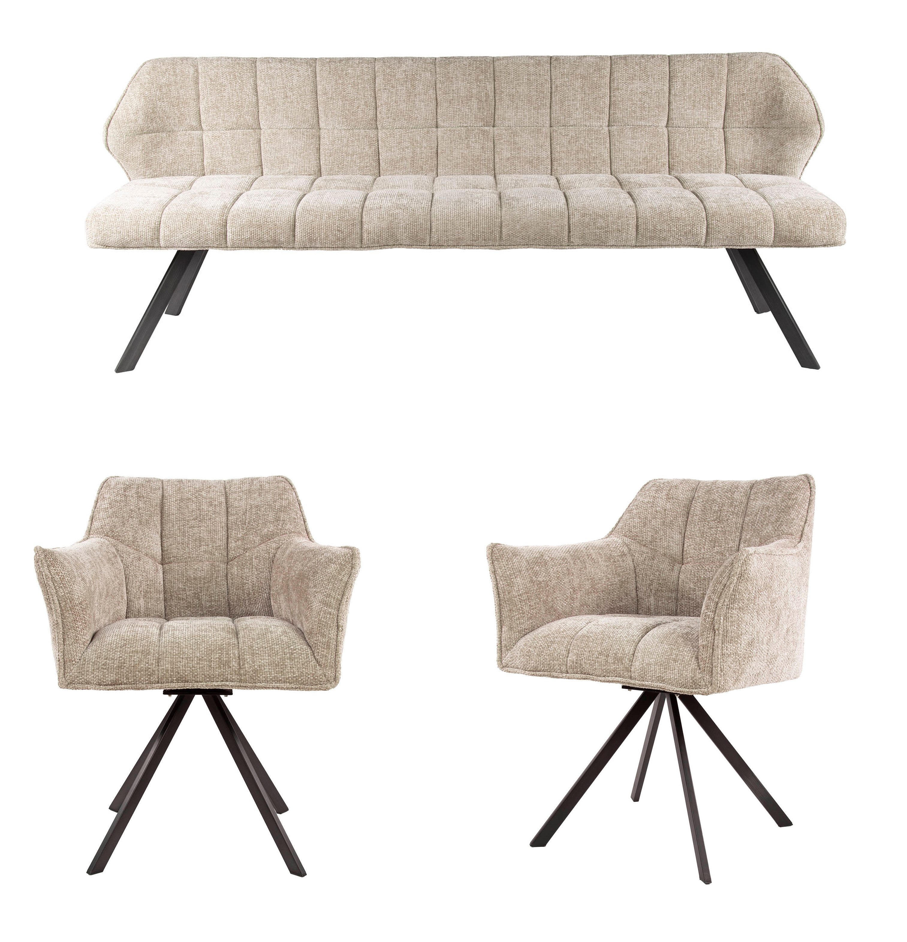 Vintagehaus Polsterbank Set Esstischbank Raster + 2 Armlehnstühle Samt oder Strukturstoff (3 teiliges Set), Frei im Raum aufstellbar