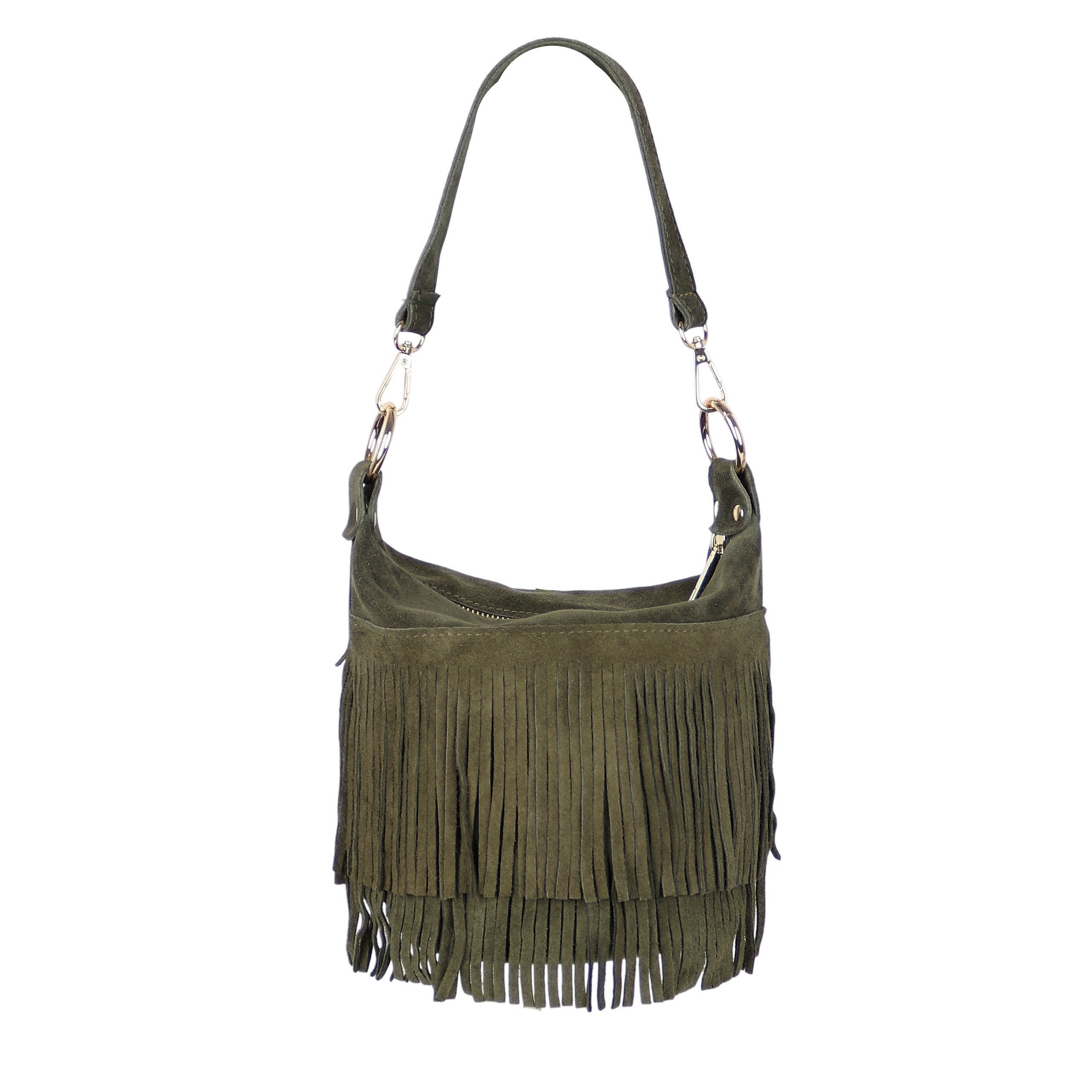 MIRROSI Umhängetasche Damen Tasche aus Echtleder Wildleder –mit Fransen ca.22x20x15 cm (Made in Itlay), Crossbody aus echtem Leder, mit 2 Riemen