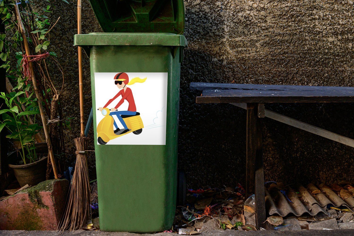 MuchoWow Wandsticker Illustration eines St), Sticker, einer Abfalbehälter Container, Mädchens gelben Vespa Mülleimer-aufkleber, auf Mülltonne, (1