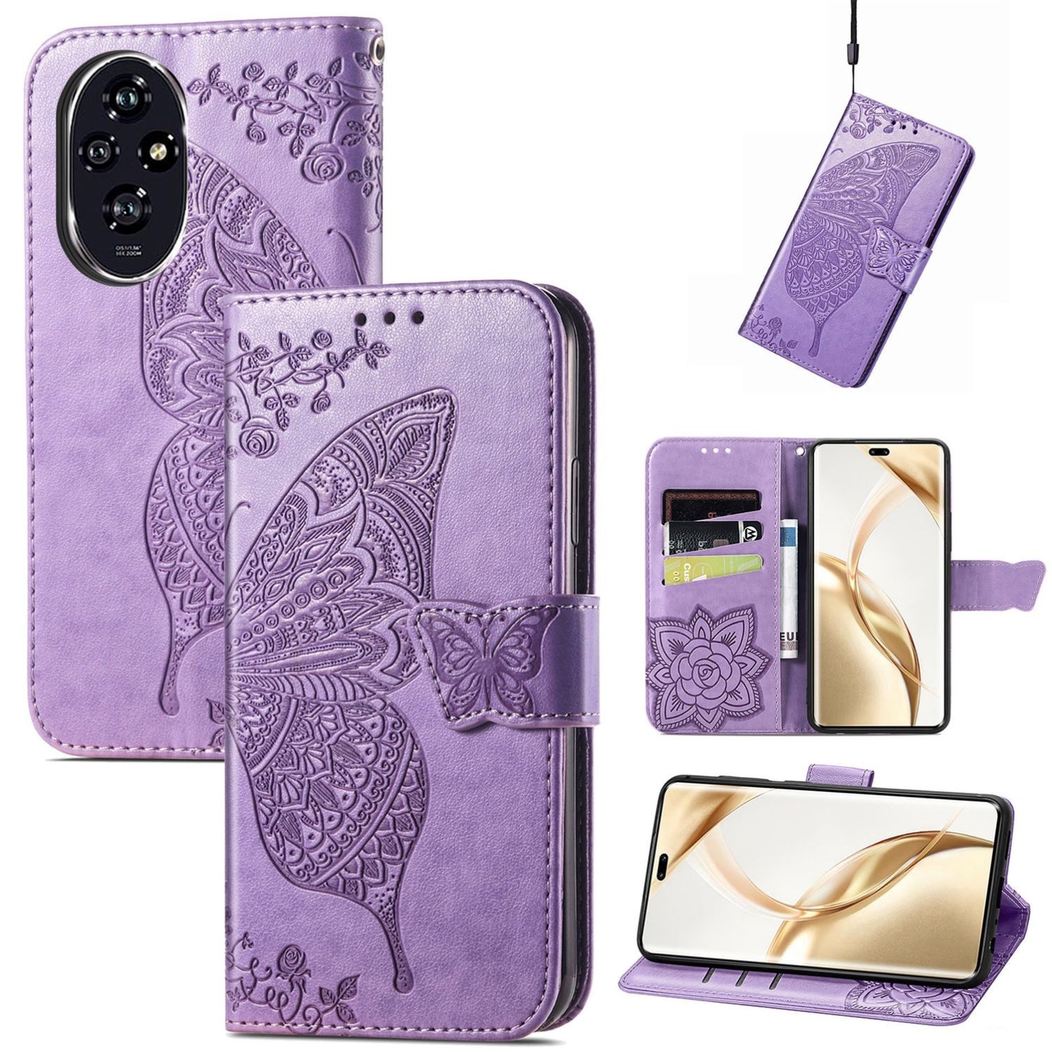 Wigento Smartphone-Hülle Für Honor 200 Pro Kunstleder Wallet Tasche Schmetterling Hell-Lila, Kunst-Leder Schutzhülle Smart Case Cover magnetischer Verschluss