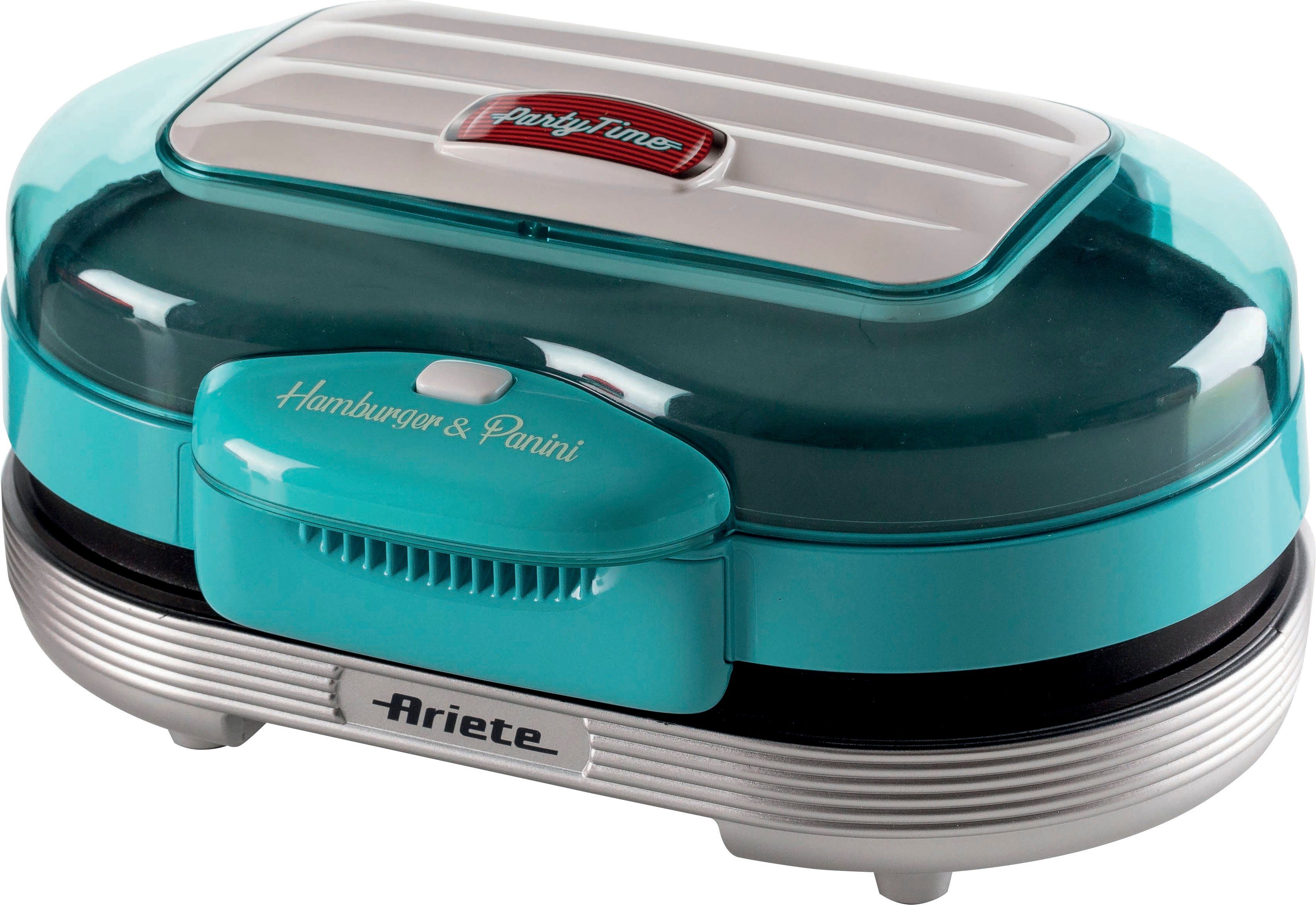 Ariete Hamburger Maker 205B Party Time Hambuger Maker, blau, 1200 W, 2 Grillplatten: unten für Burger und oben für Hamburger Brötchen