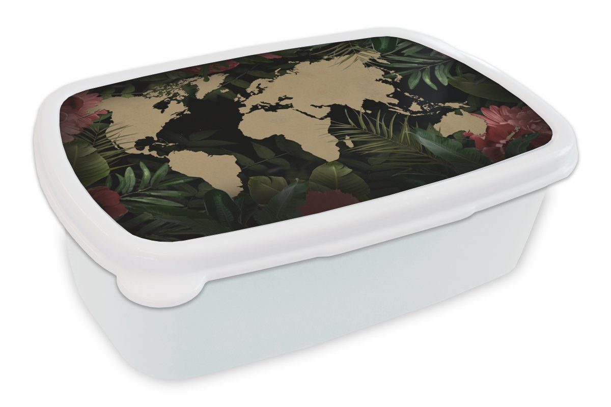 MuchoWow Lunchbox Weltkarte - Blumen - Tropische Pflanzen, Kunststoff, (2-tlg), Brotbox für Kinder und Erwachsene, Brotdose, für Jungs und Mädchen weiß