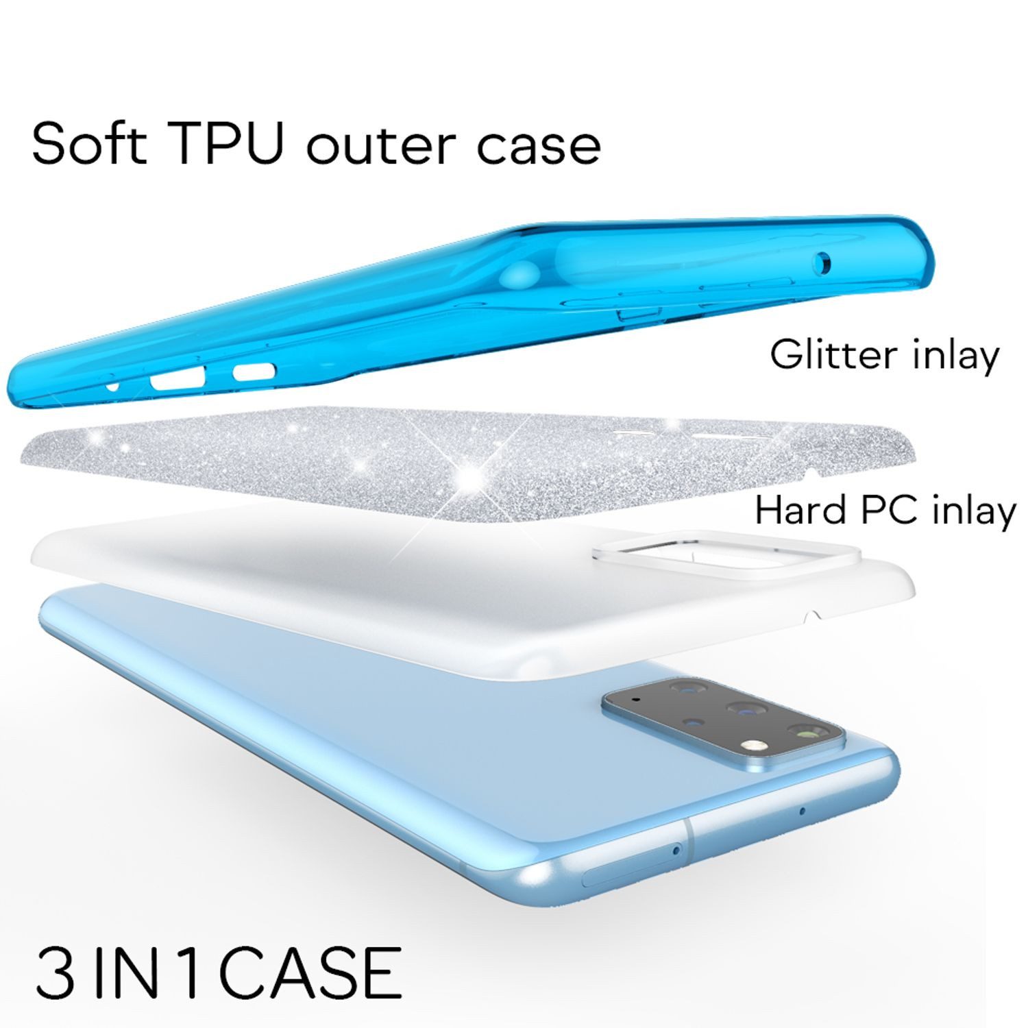 Nalia Smartphone-Hülle Samsung Galaxy S20 Plus 17 cm (6,7 Zoll), Glitzer Silikon Hülle / Glänzender Hybrid Schutz / Stoßfest & Robust