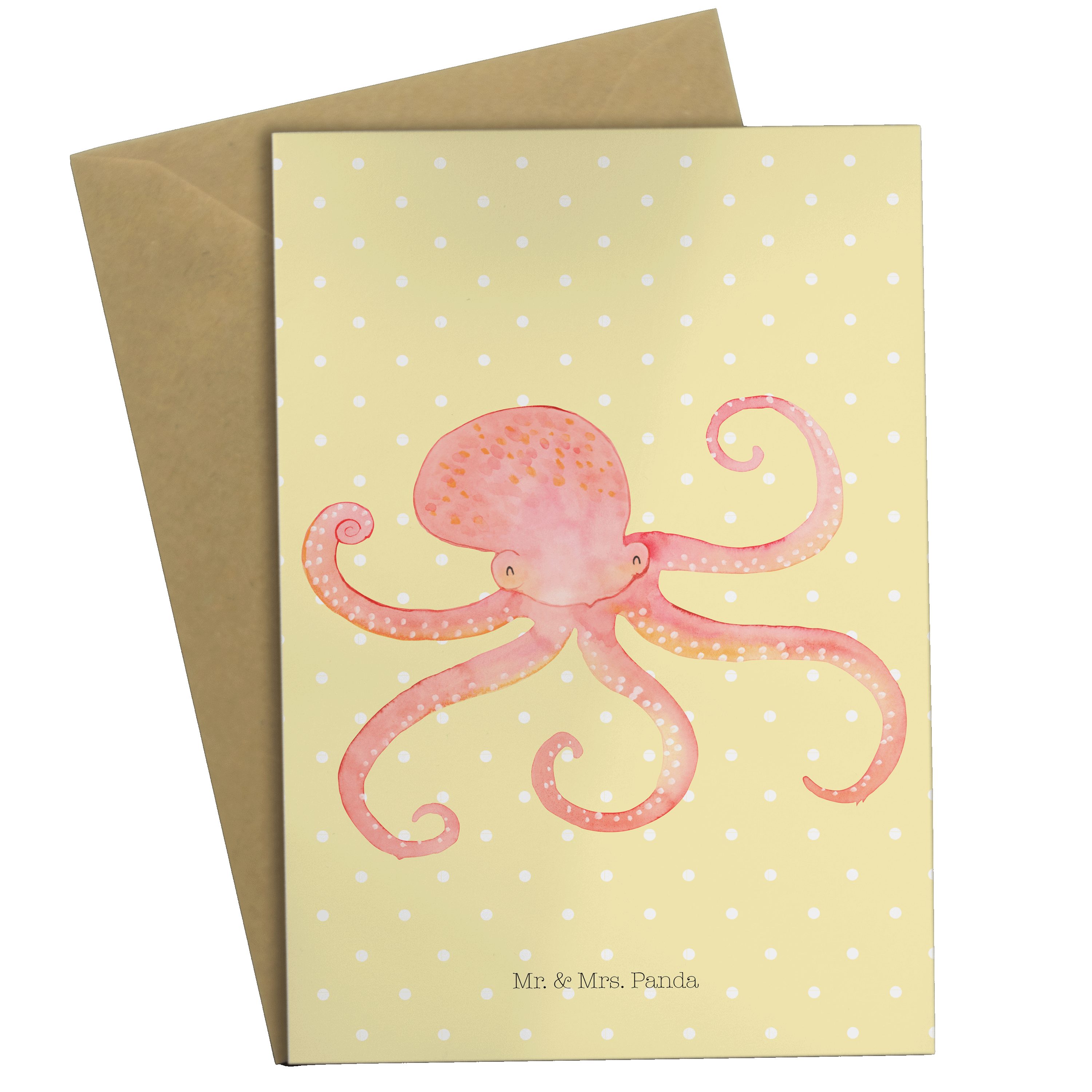 Mr. & Mrs. Panda Grußkarte Tintenfisch - Gelb Pastell - Geschenk, Meer, Einladungskarte, lustige