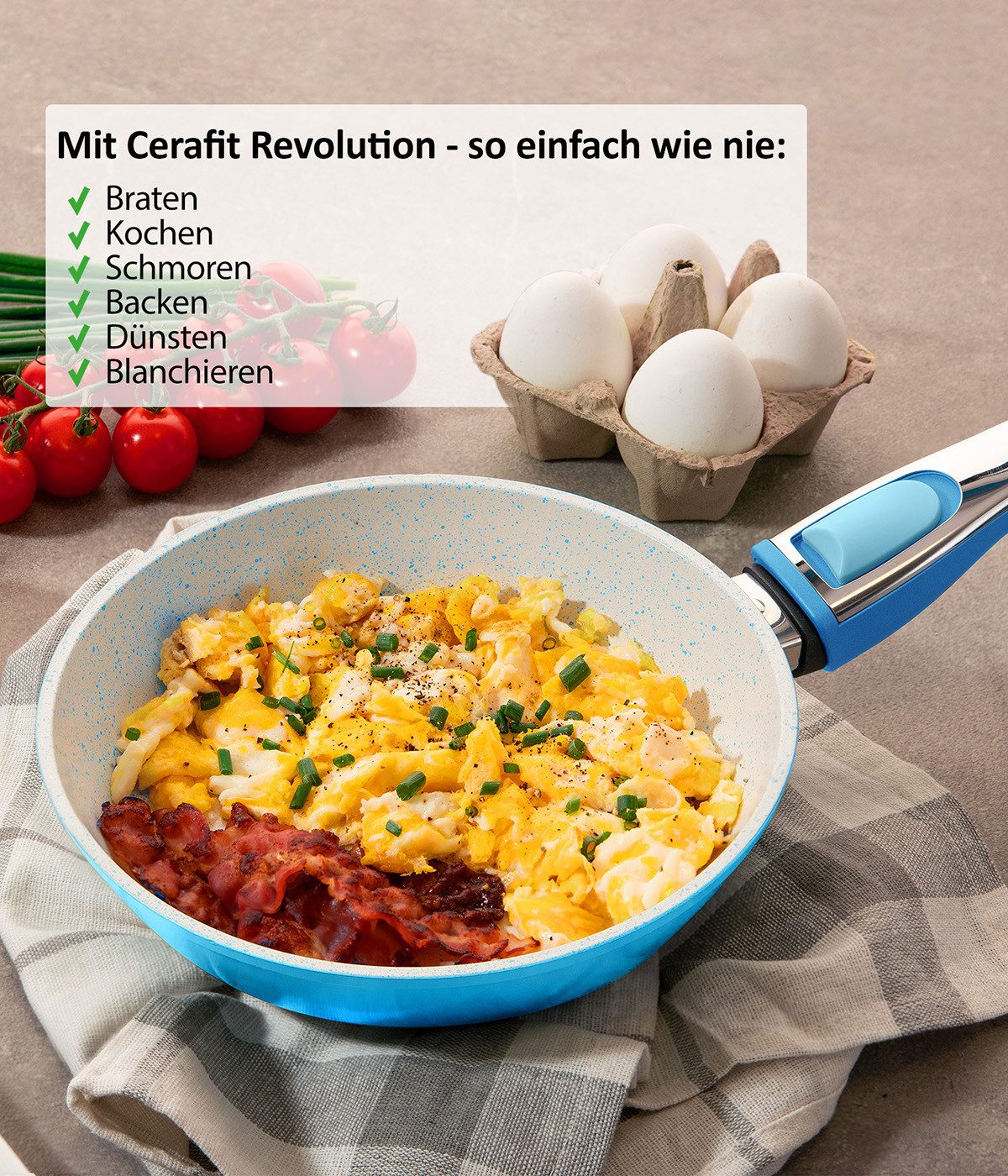 Genius Pfannen-Set Cerafit Revolution Keramik, 20 cm + 24 cm + 28 cm, Design-Glasdeckel, (SET 7tlg)